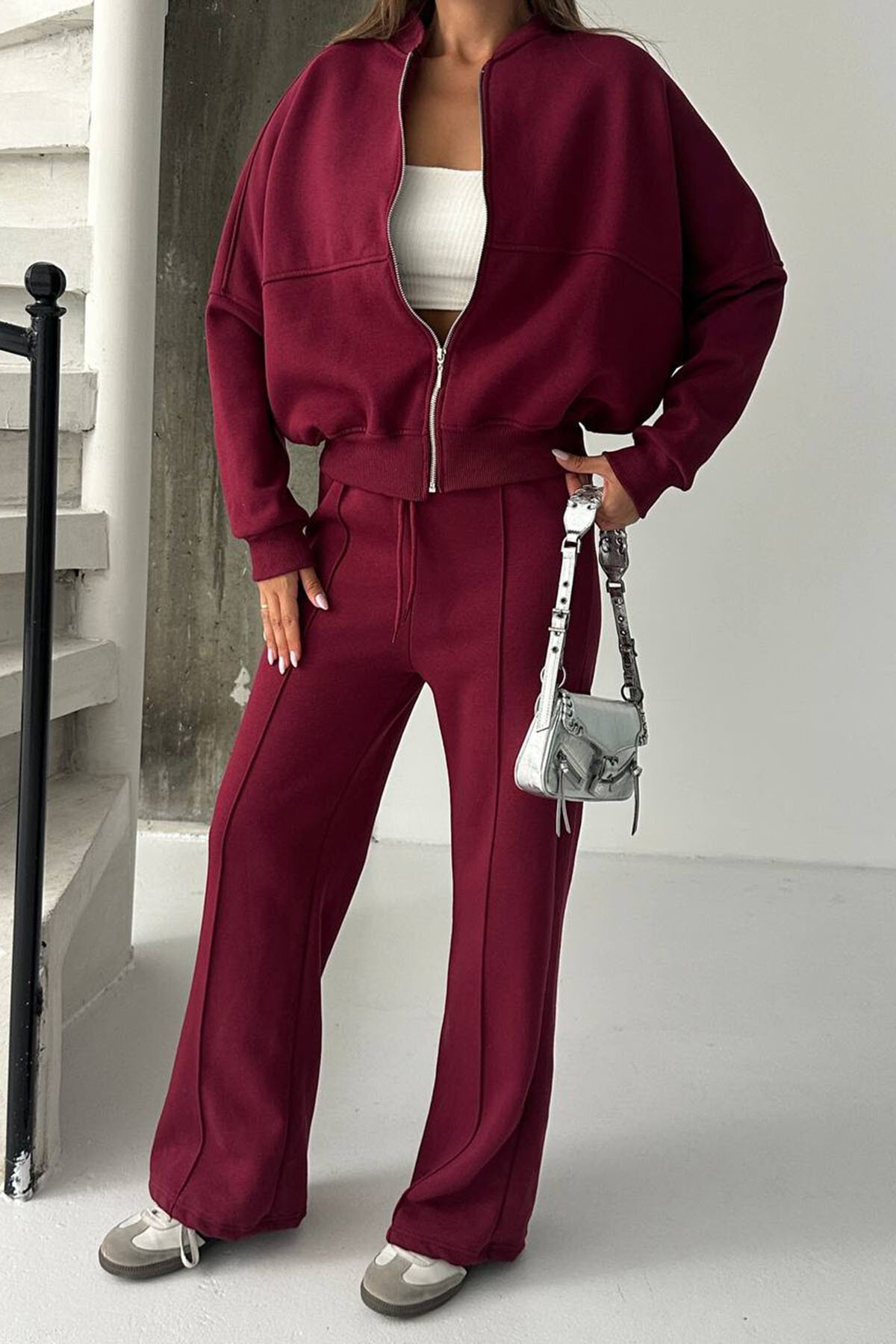 Bordo Kadın İplik Şardonlu Oversize Eşofman Takımı - XXL BUTİK