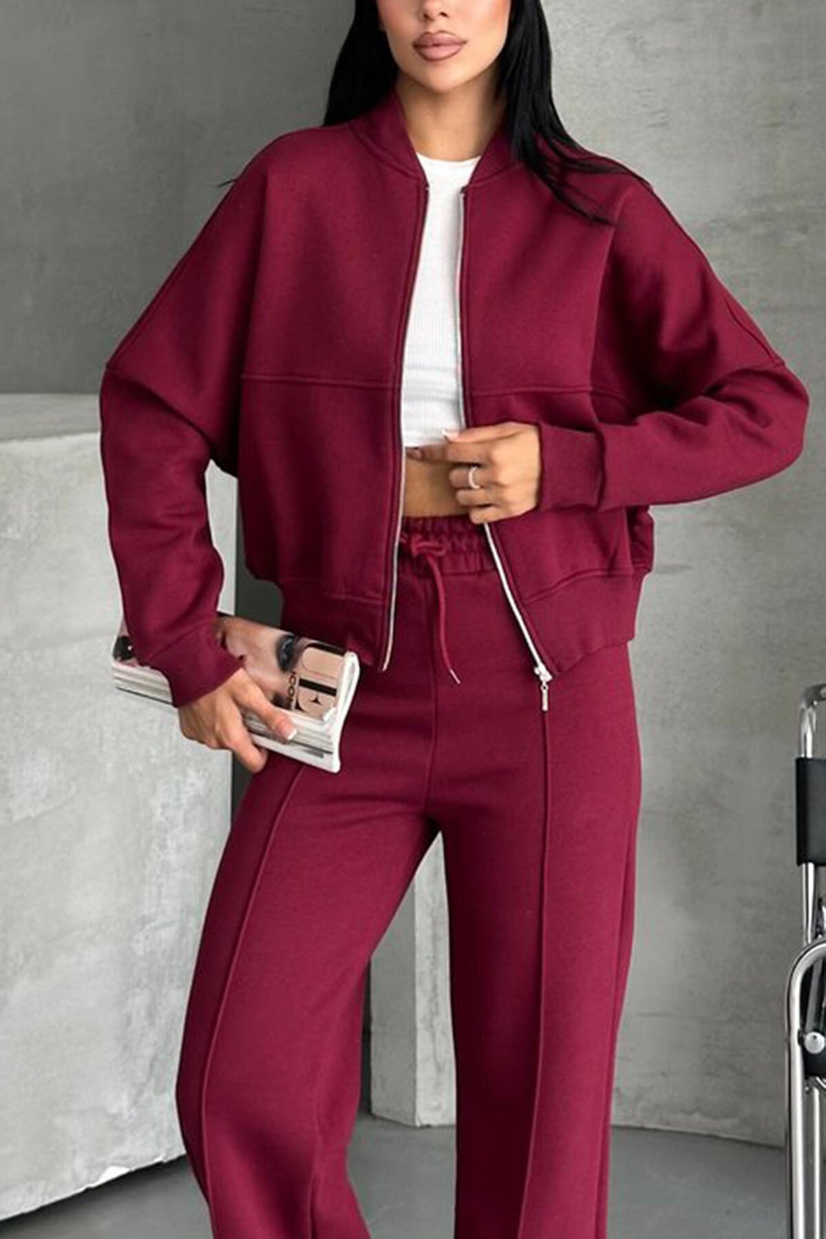 Bordo Kadın Oversize Sweat Pantolon Eşofman Takımı - XXL BUTİK