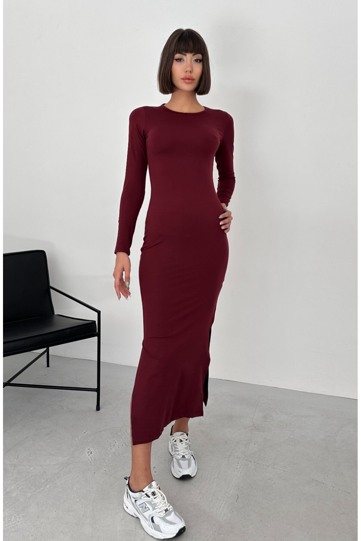 Bordo Midi Modal Kumaş Uzun Kol Yandan Yırtmaçlı Elbise - Rabi Shine