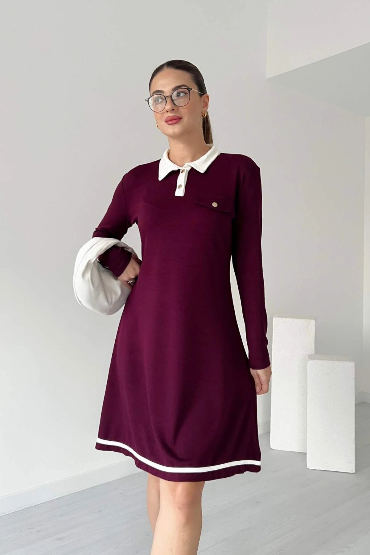 Bordo Midi Polo Yaka Uzun Kollu Modal Elbise - MOZENA
