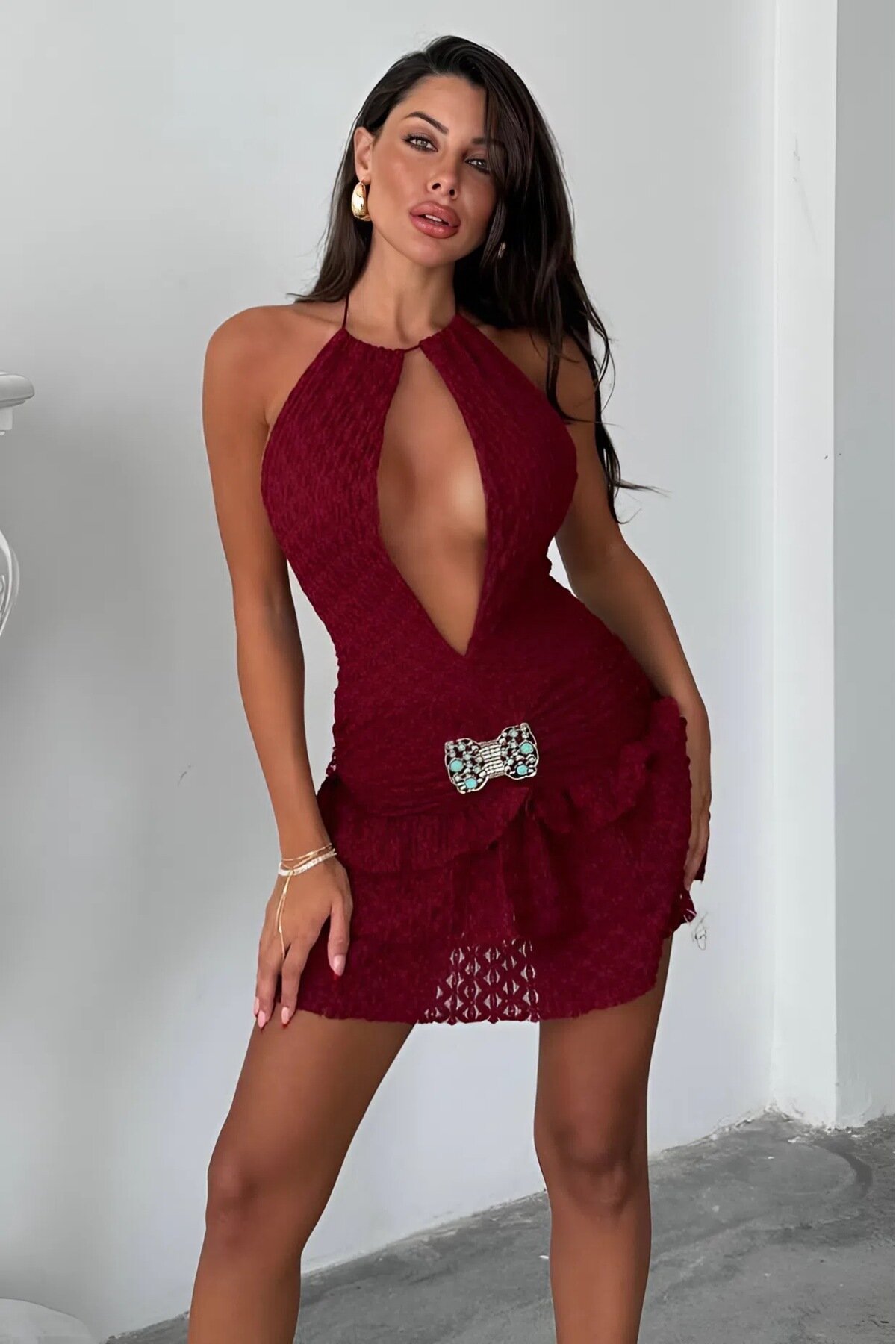 Bordo Mini Aksesuar Detay Fırfırlı Abiye Elbise - Baby Xclub