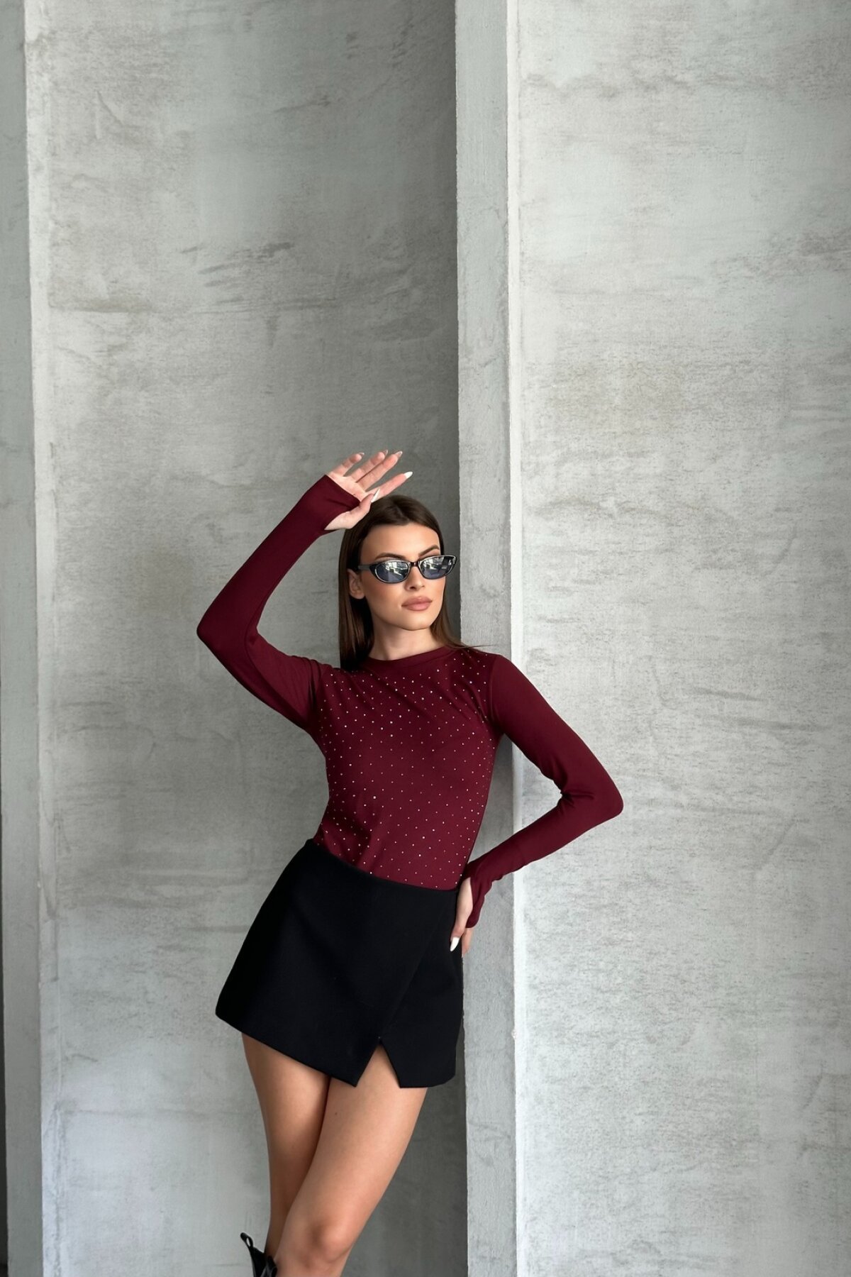 Bordo Modal Kumaş Taşlı Body - Rabi Shine