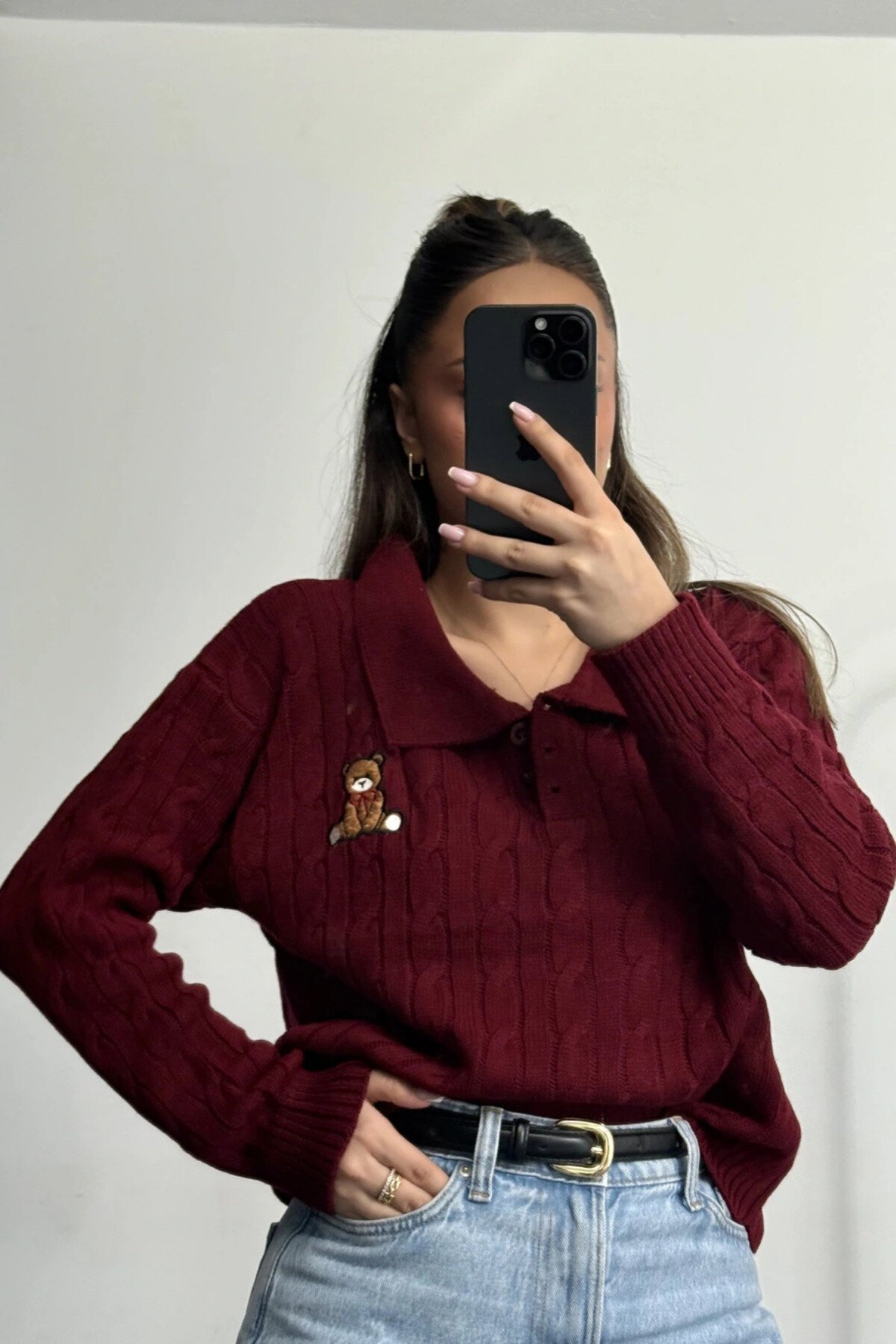 Bordo Nakış Detaylı Polo Yaka Triko Örme Kazak - MOZENA