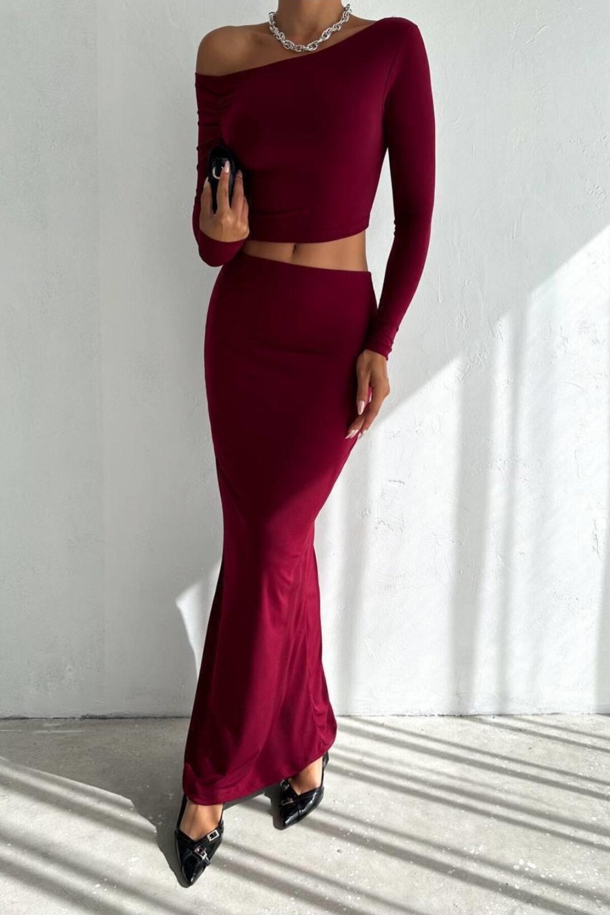 Bordo Omuz Detaylı Bluz Uzun Etek İkili Takım - RAWEA FASHİON