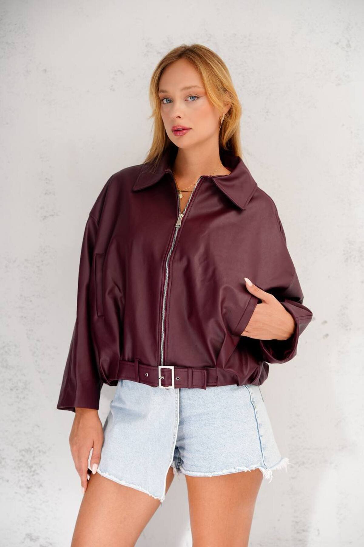Bordo Oversize Kemerli Bomber Ceket - İLKCET MODA