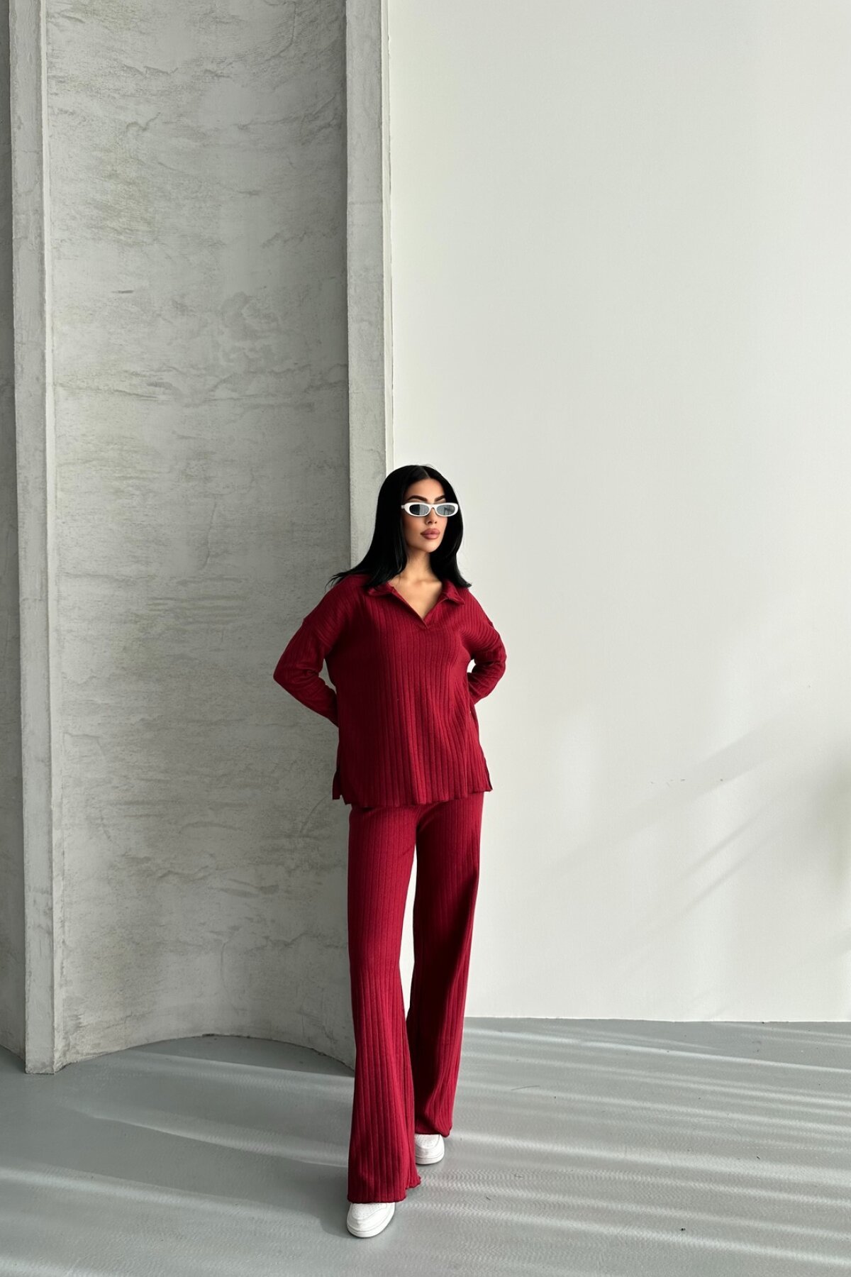 Bordo Pamuklu Polo Yaka İkili Takım - Rabi Shine