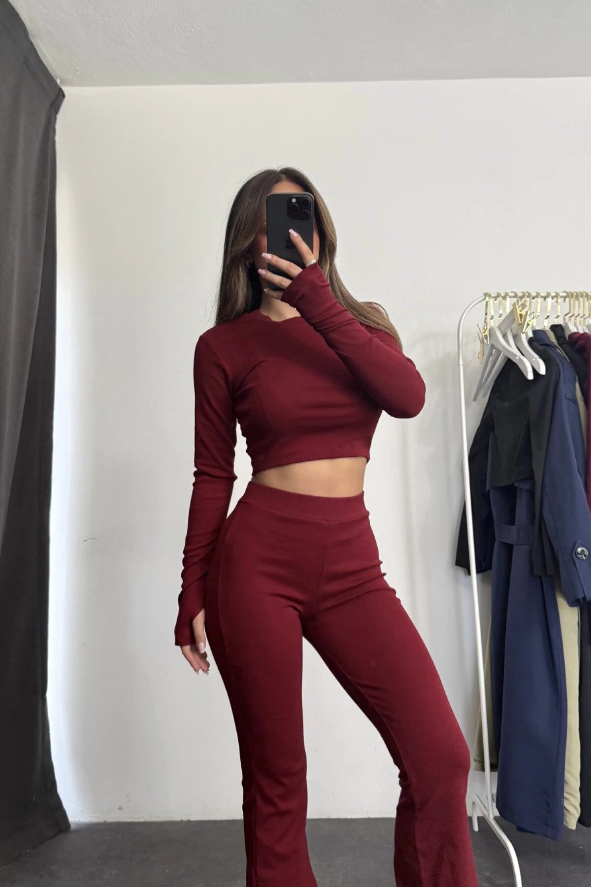 Bordo Parmak Geçmeli Basic Crop İspanyol Paça Tayt İkili Takım - MOZENA