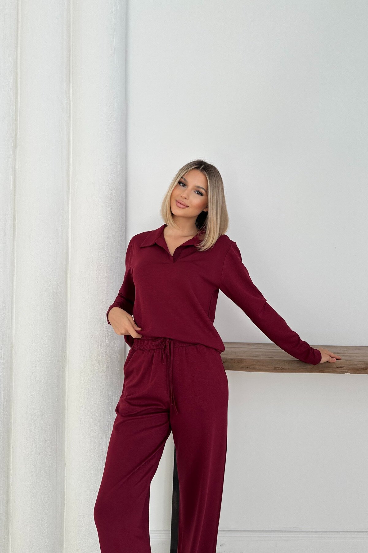 Bordo Polo Yaka Modal Kumaş Basic İkili Takım - MOZENA
