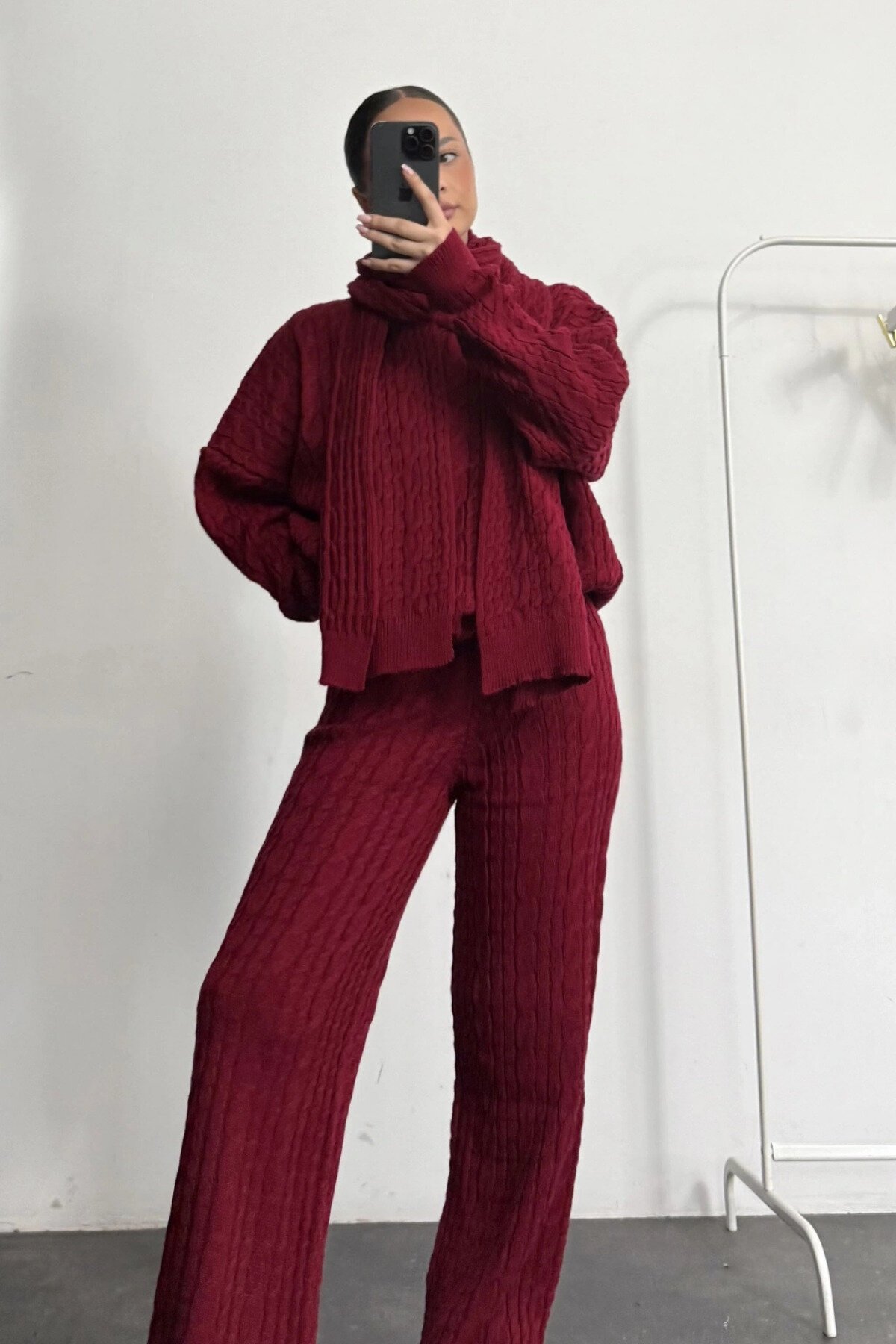 Bordo Şal Detaylı Triko 3lü Üçlü Takım - MOZENA