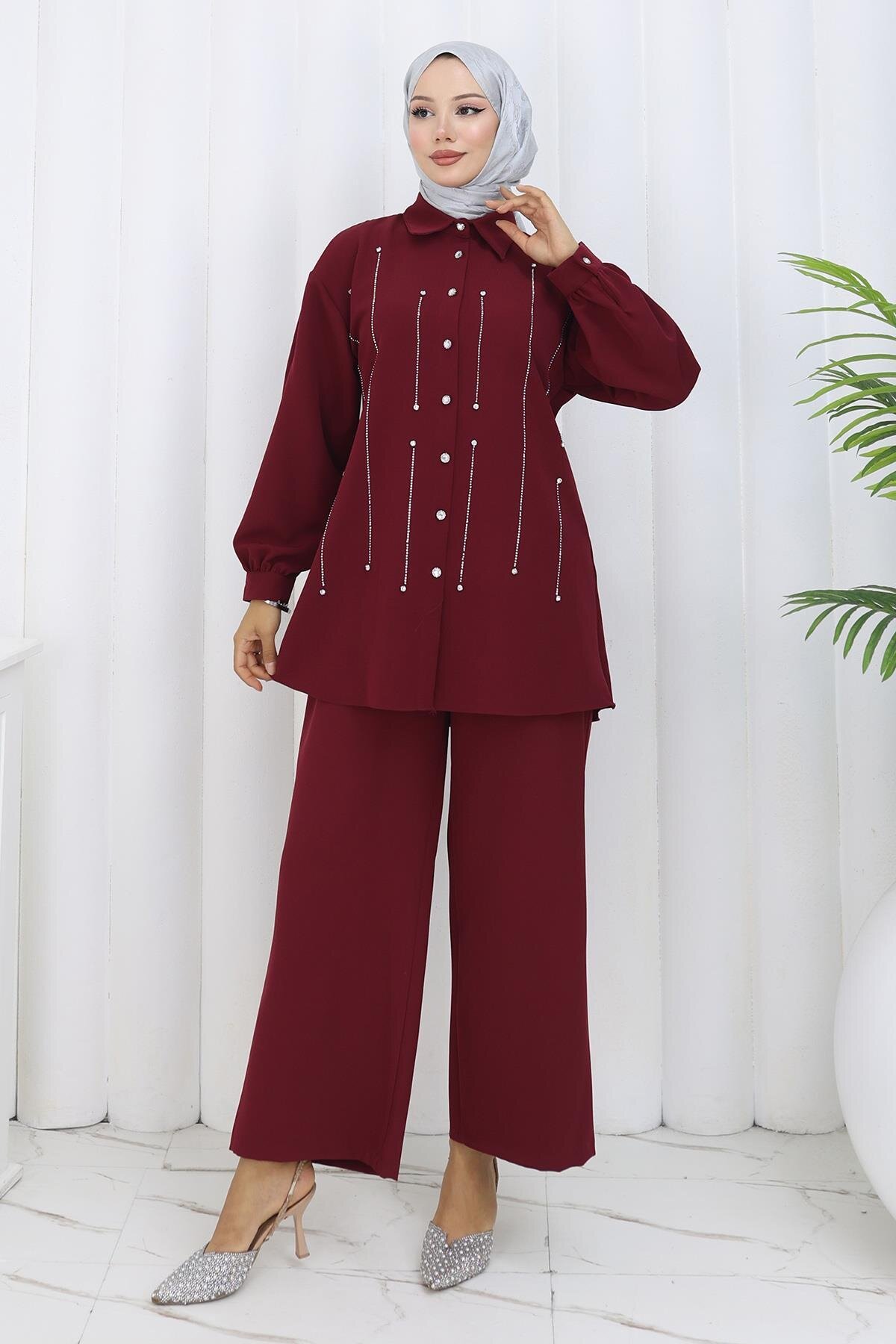 Burgundy Stone Detailed Two-Piece Modest Set - Modamihram