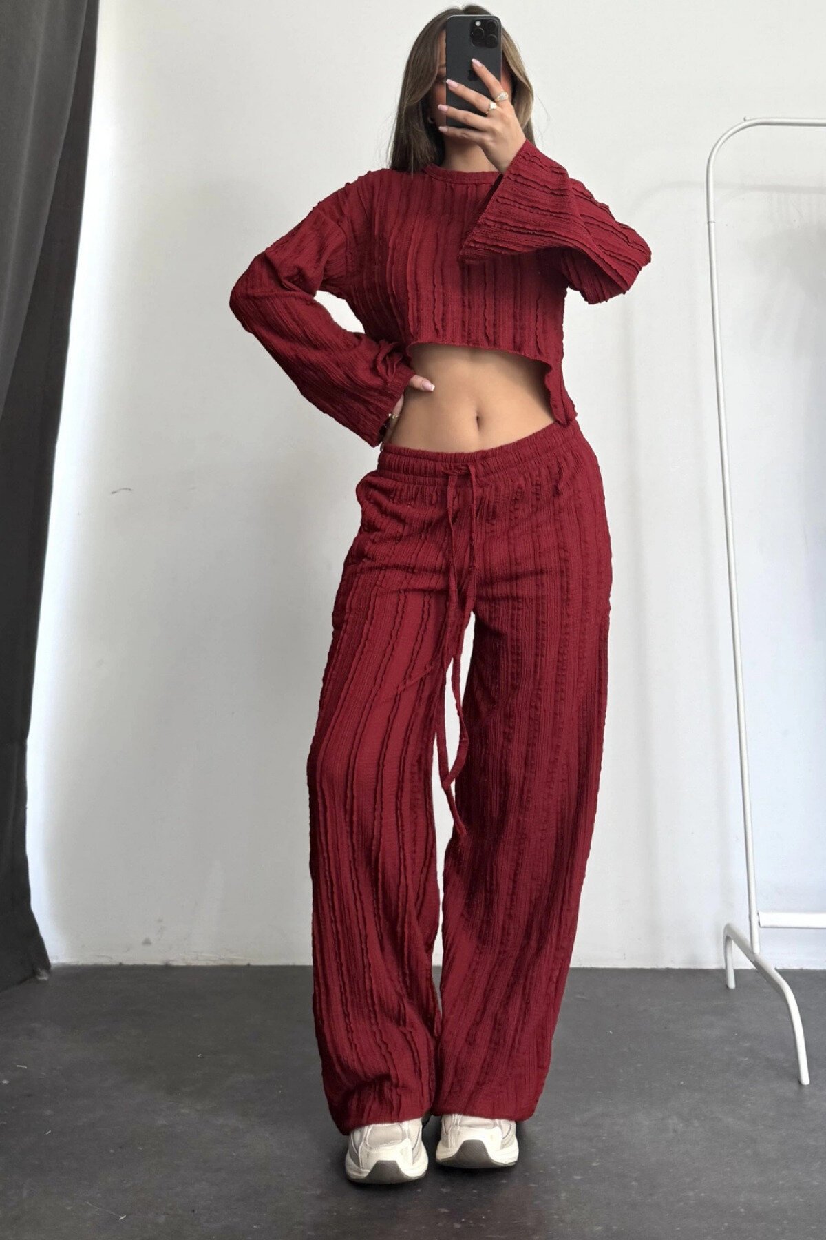 Burgundy Reverse Stitch Bell Sleeve Crop Top and Pants Two-Piece Set - MOZENA