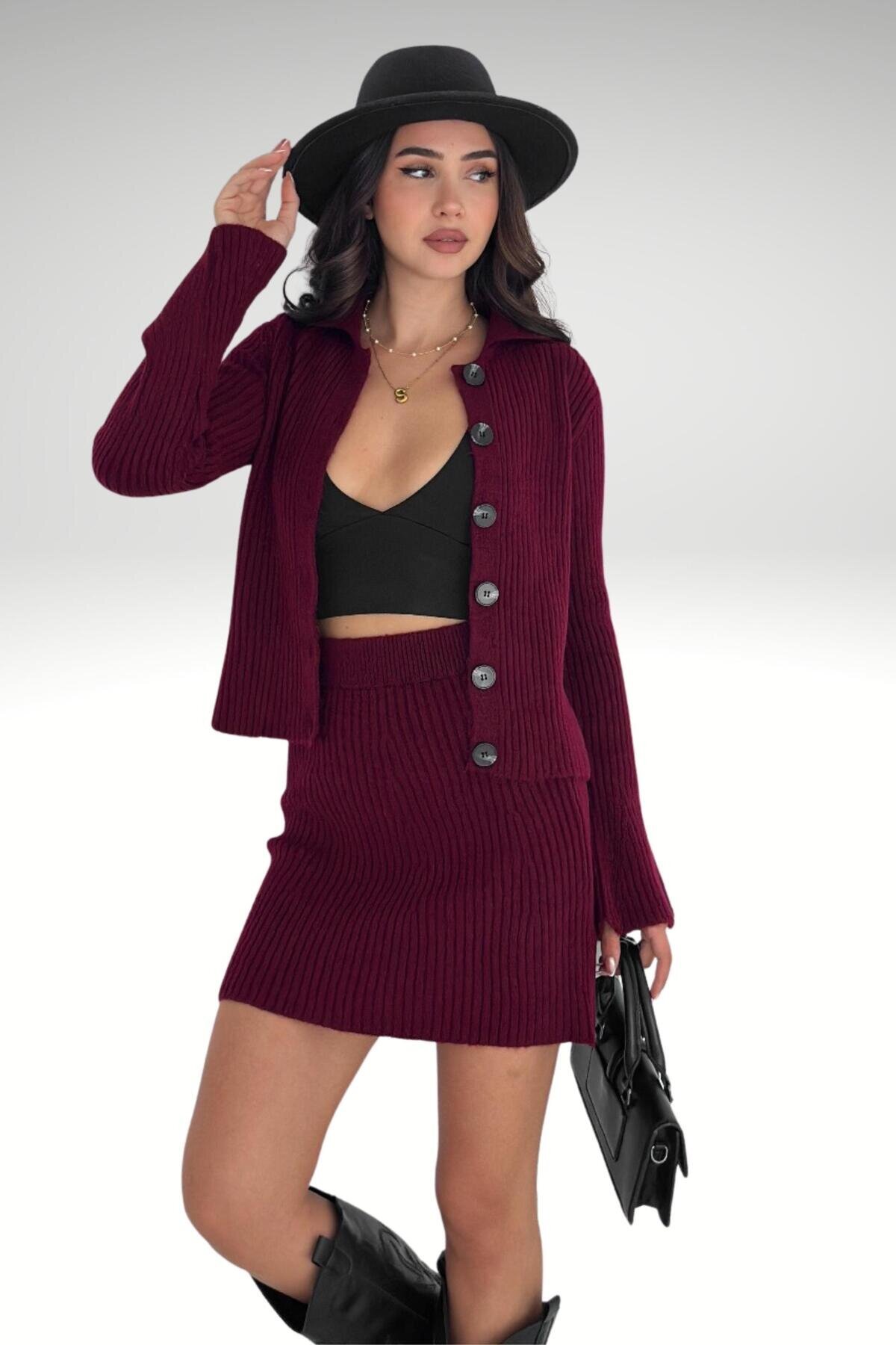 Bordo Triko Hırka Etek İspanyol Kol Örme İkili Takım - Moda Amore