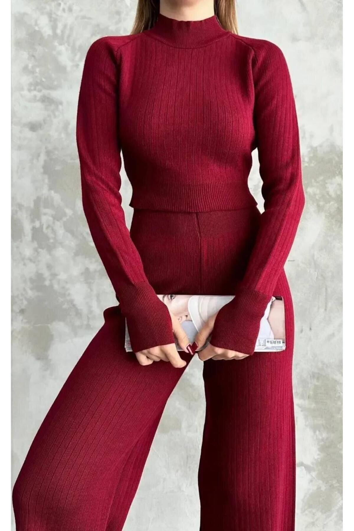 Bordo Triko Pantolonlu Alt Üst İkili Takım - RAWEA FASHİON