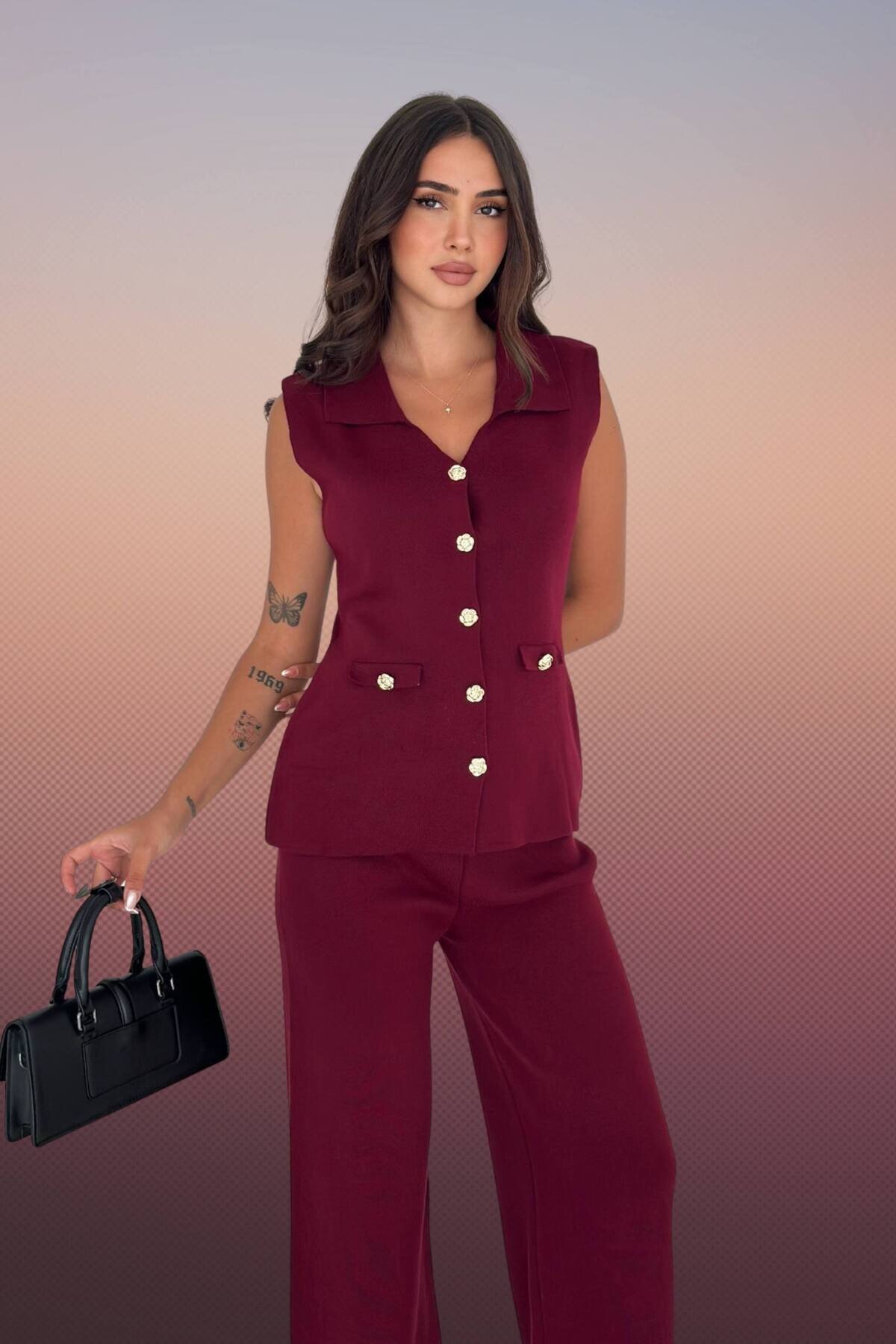 Bordo Triko Yelek Pantolon İkili Örme Yelekli Geniş Paça Takım - Moda Amore
