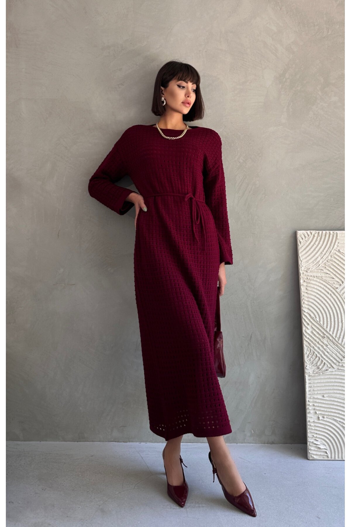Burgundy Long Mesh Detail Fully Lined Openwork Knit Dress - Rabi Shine