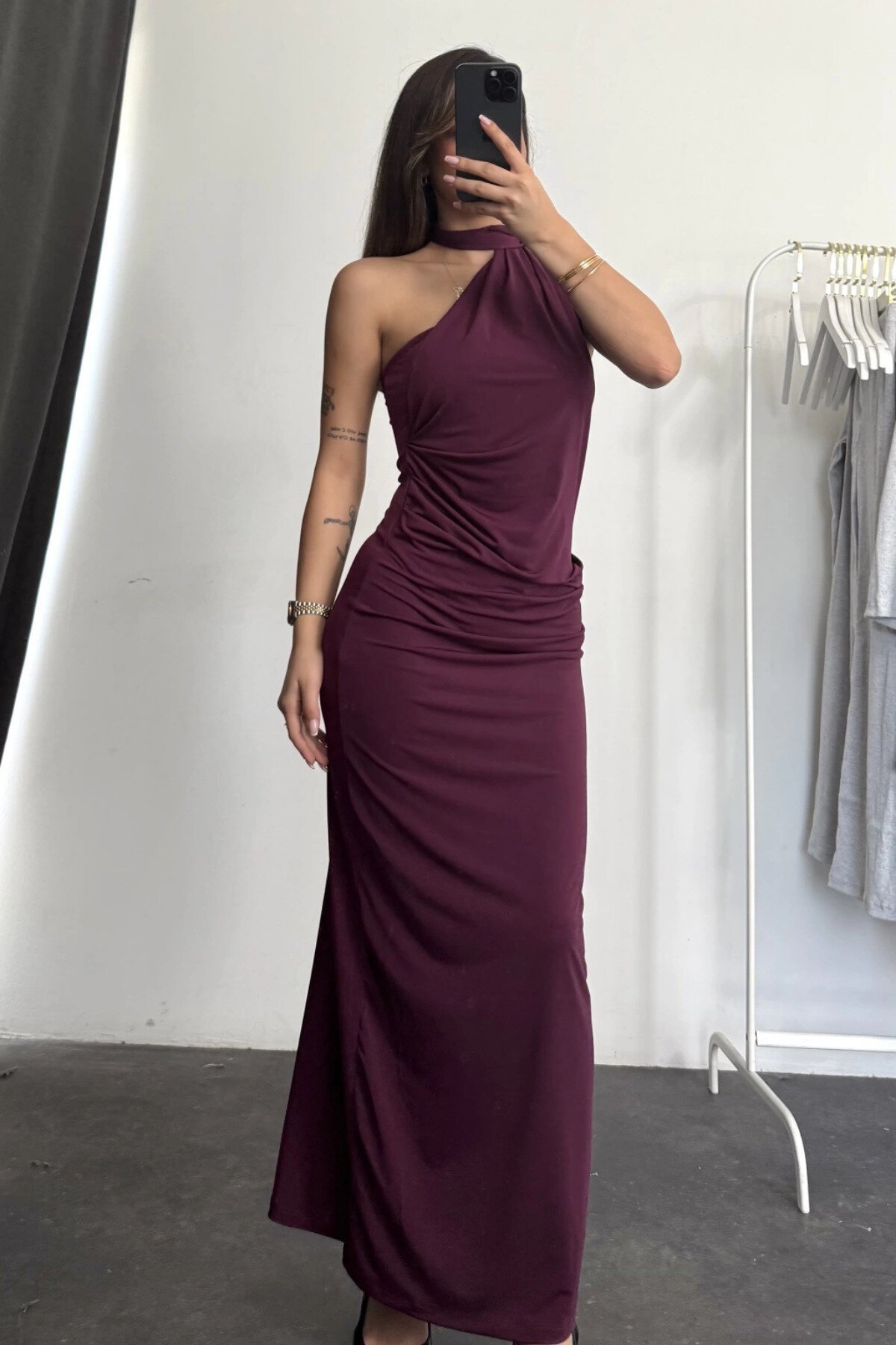 Burgundy Long One-Shoulder Draped Evening Dress with Scarf Detail - MOZENA