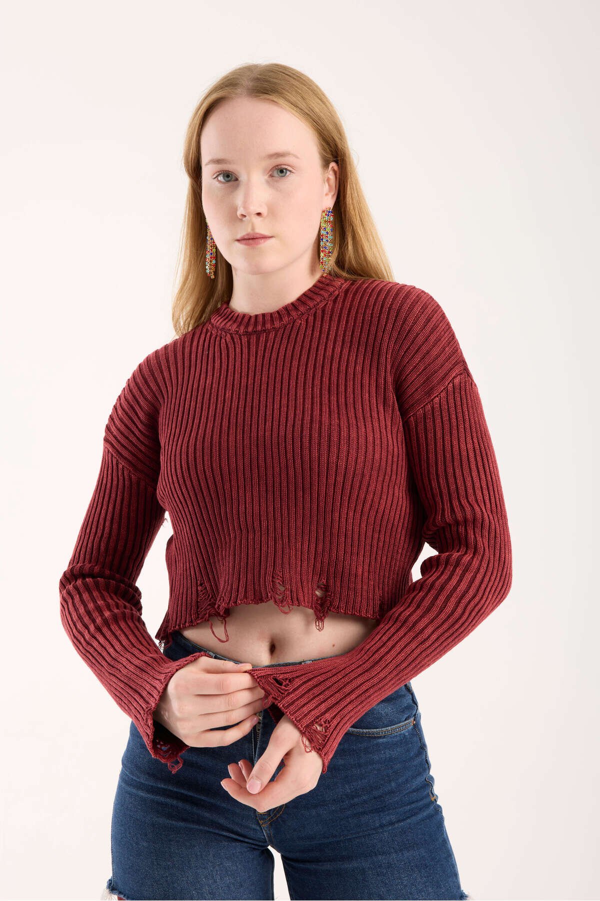 Bordo Yırtıklı Füme Triko Crop Kazak - İLKCET MODA