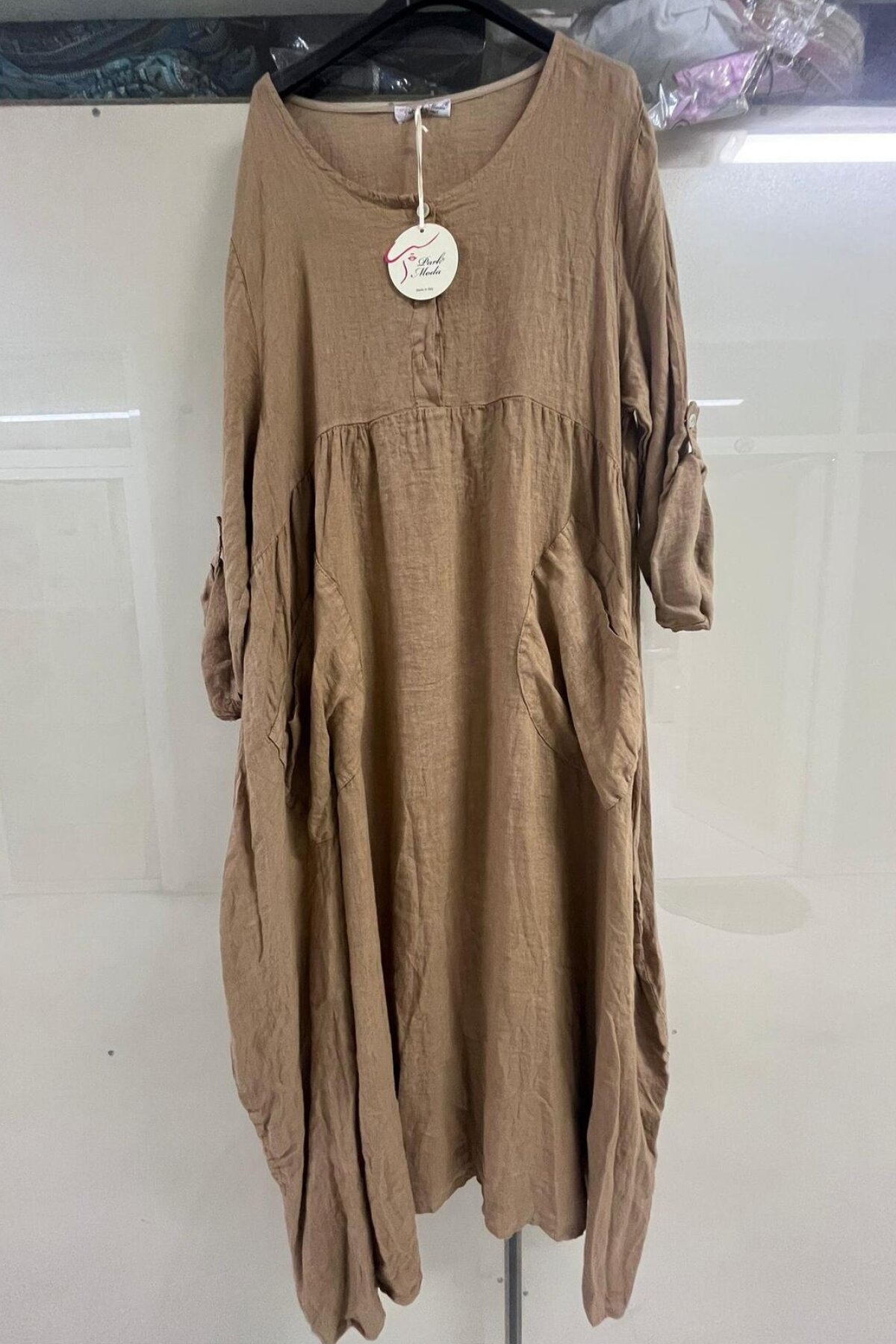Cappuccino Midi Italian Buttoned Long Sleeve Linen Dress - EREN STYLE