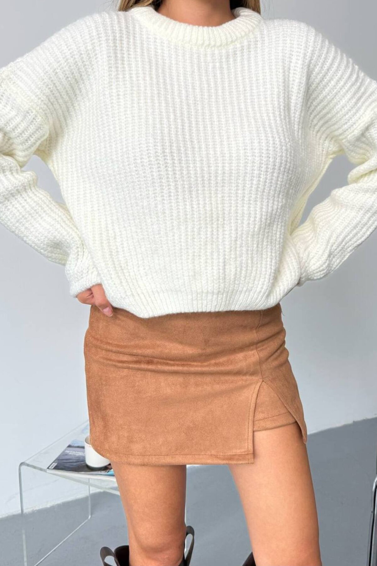 كنزة تريكو أوفرسايز بأكمام بالون إيكرو - İLKCET MODA