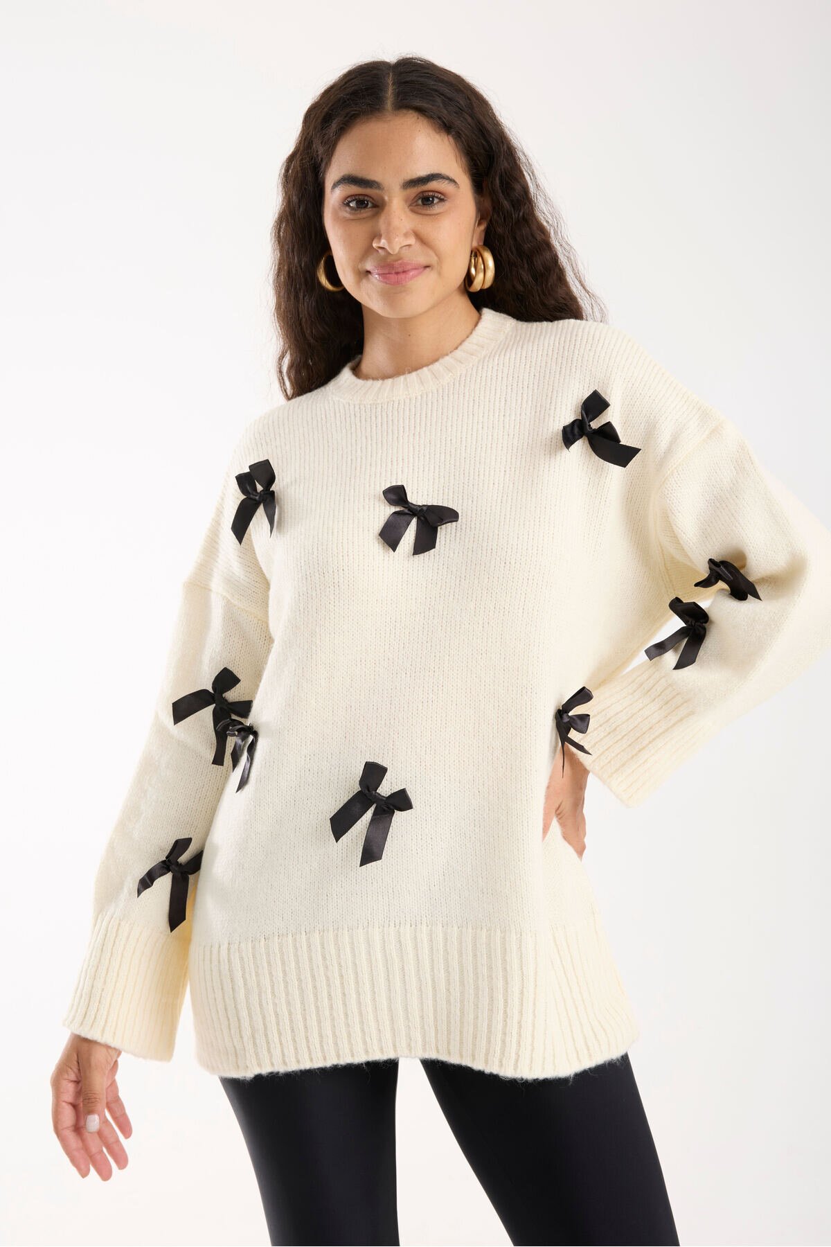 Ekru Fiyonk Kurdela Detay Oversize Uzun Kazak - İLKCET MODA