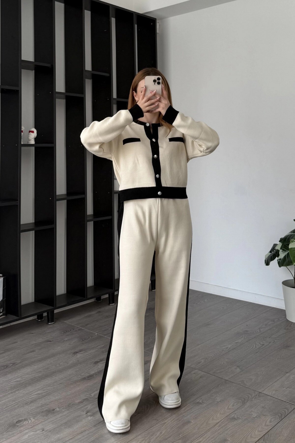 Ecru Embellished Knit Buttoned Two-Piece Set - MOZENA
