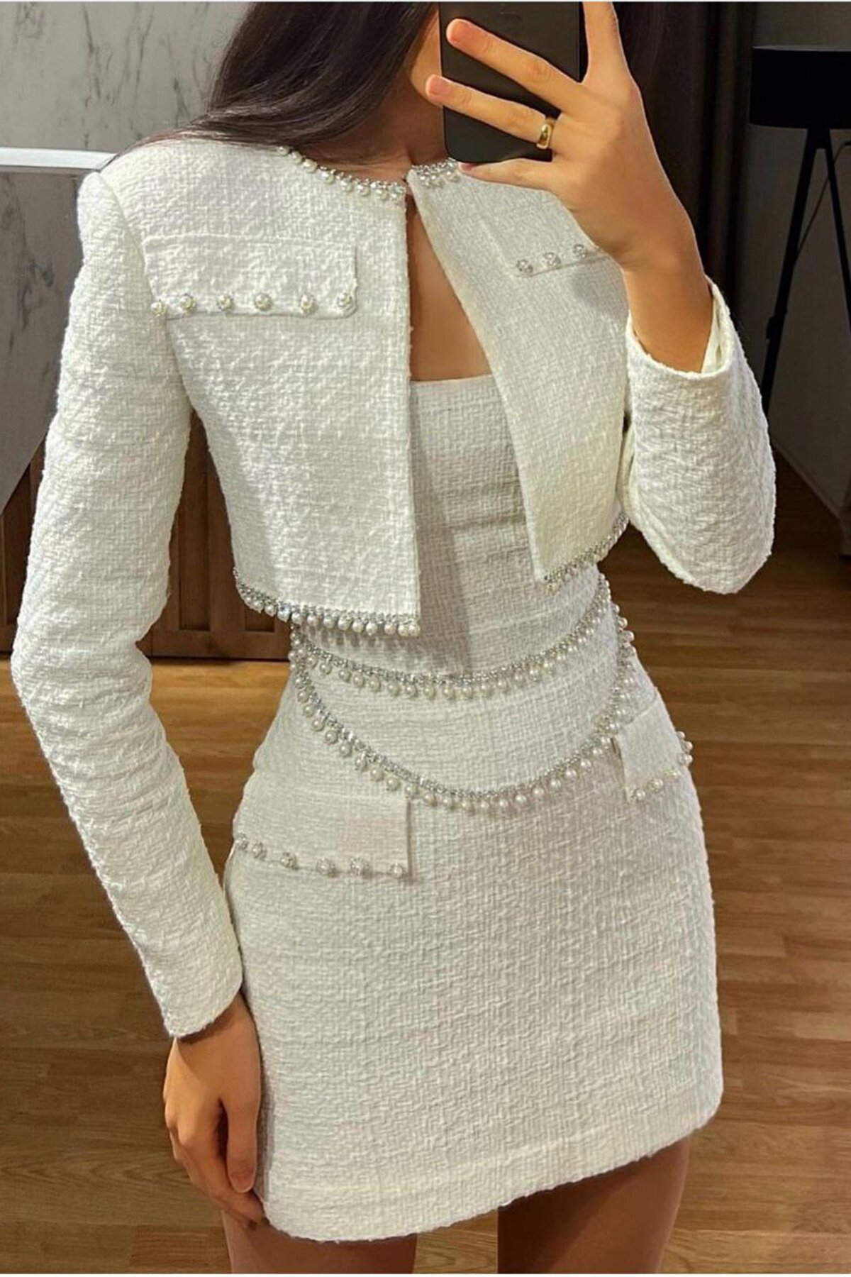 Ecru Mini Pearl Embroidered Crop Top and Jacket Dress Two-Piece Set - XXL BUTİK