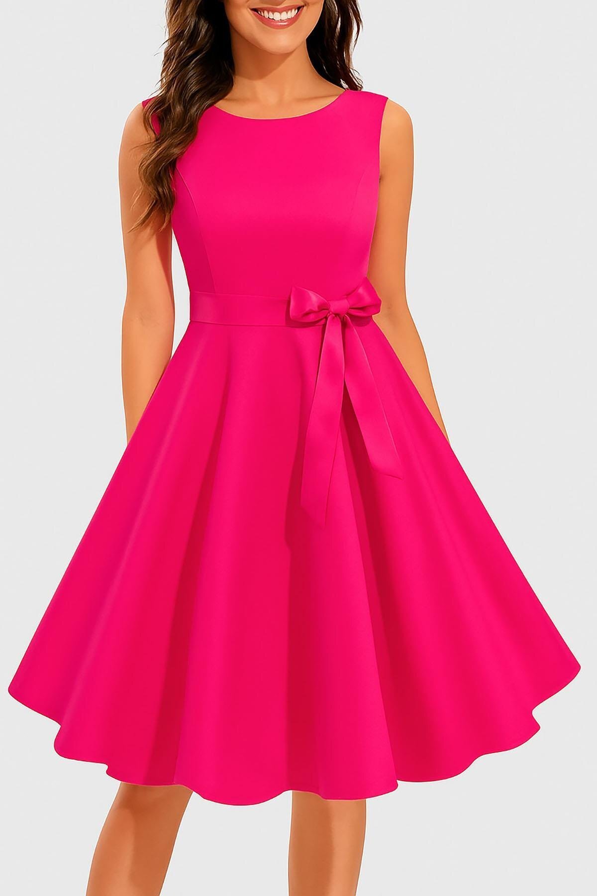 Fuchsia Midi Thick Strapped Round Neck Belted Pleated Crepe Fabric Dress - Deafox