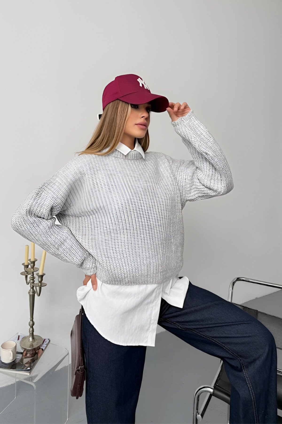 Gri Balon Kol Triko Oversize Kazak - İLKCET MODA