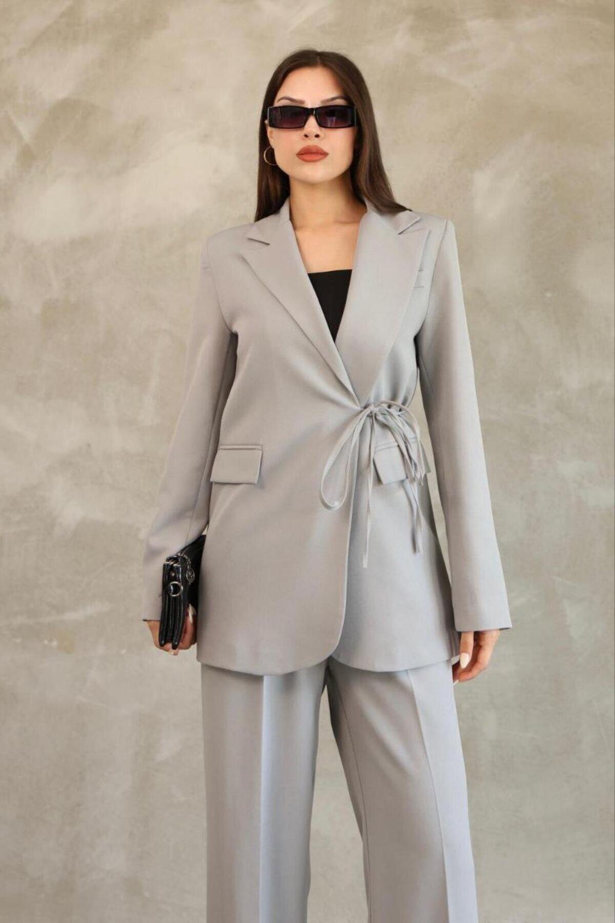 Gri Blazer Yandan Bağlamalı Şık Ve Rahat Ceket - RAWEA FASHİON