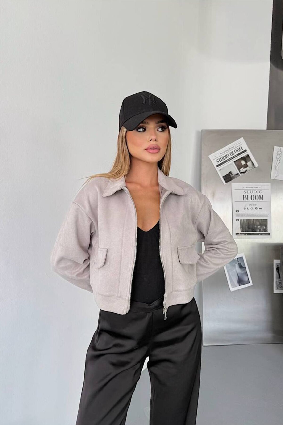 Gri Fermuarlı Süet Kısa Ceket - İLKCET MODA