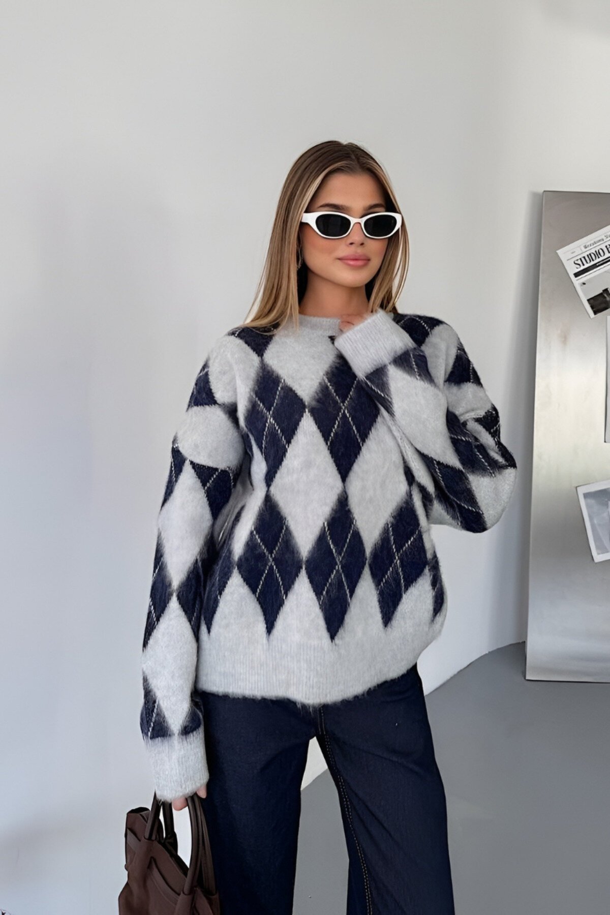 Gri Lacivert Baklava Desenli Oversize Kazak - İLKCET MODA