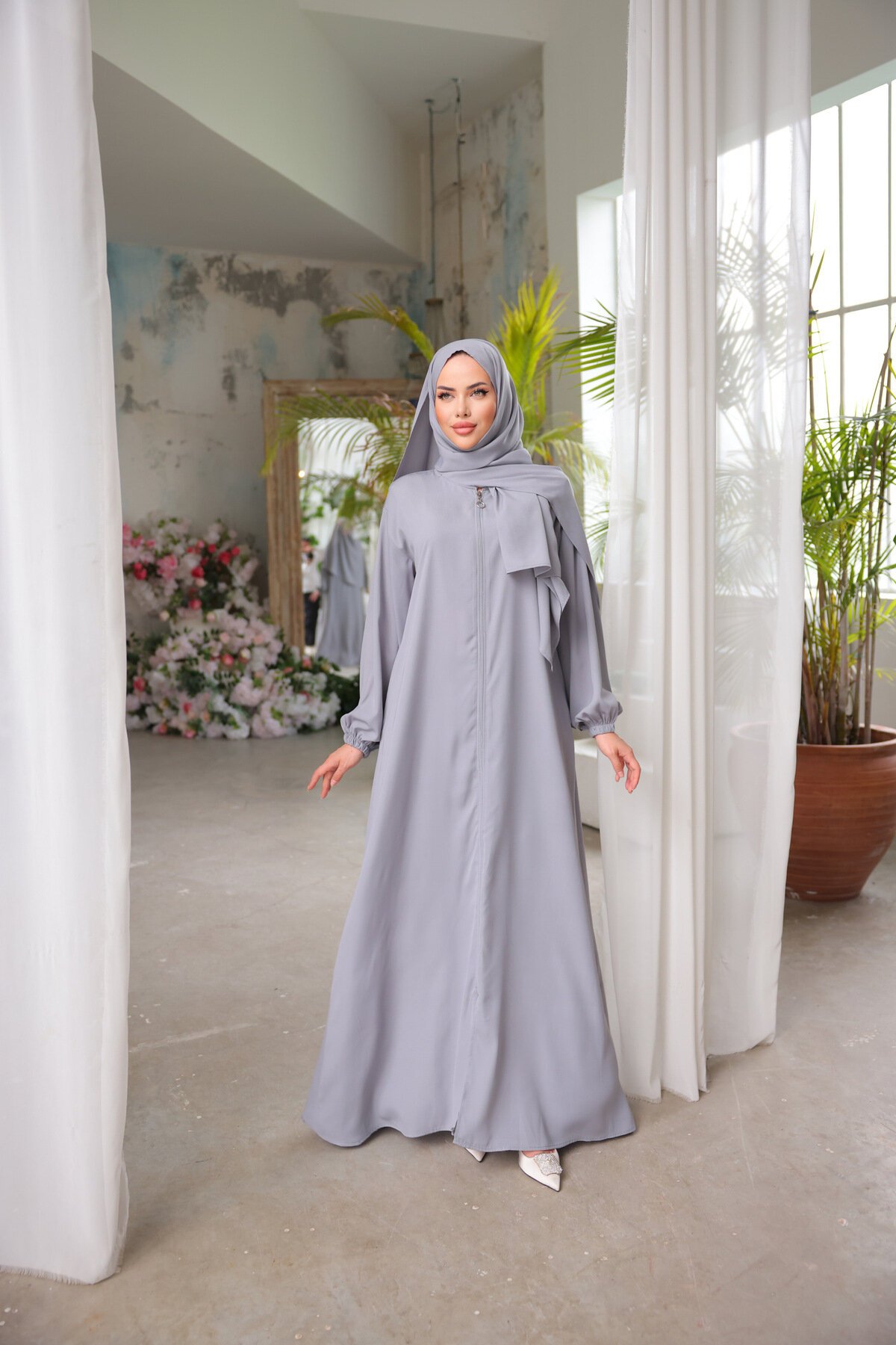Grey Medina Silk Prayer Dress with Shawl - Nissra