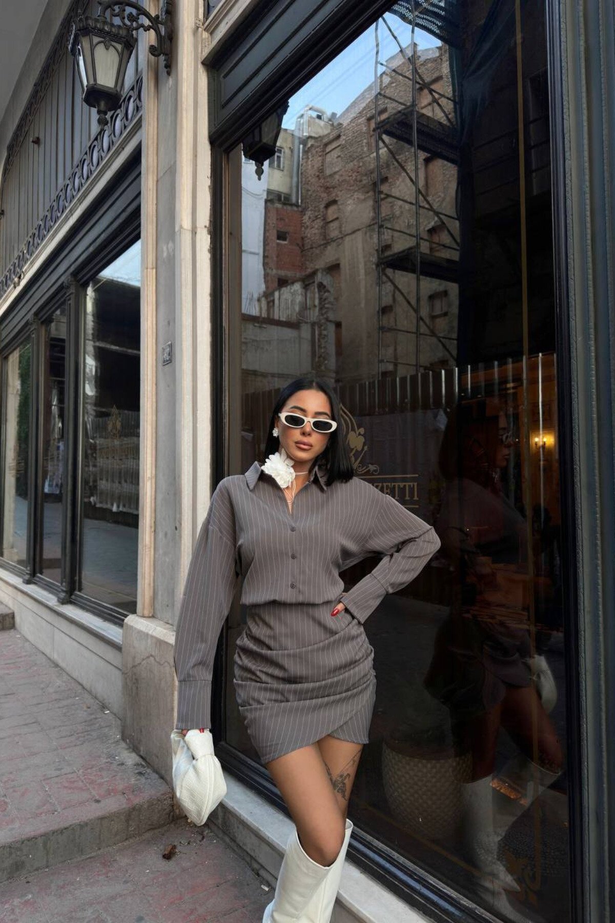 Grey Mini Shirt Collar Ruched Dress - MOZENA