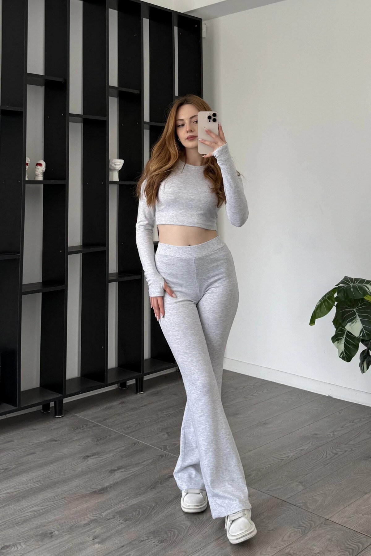 Grey Basic Crop Top with Thumb Holes and Leggings Two-Piece Set - MOZENA