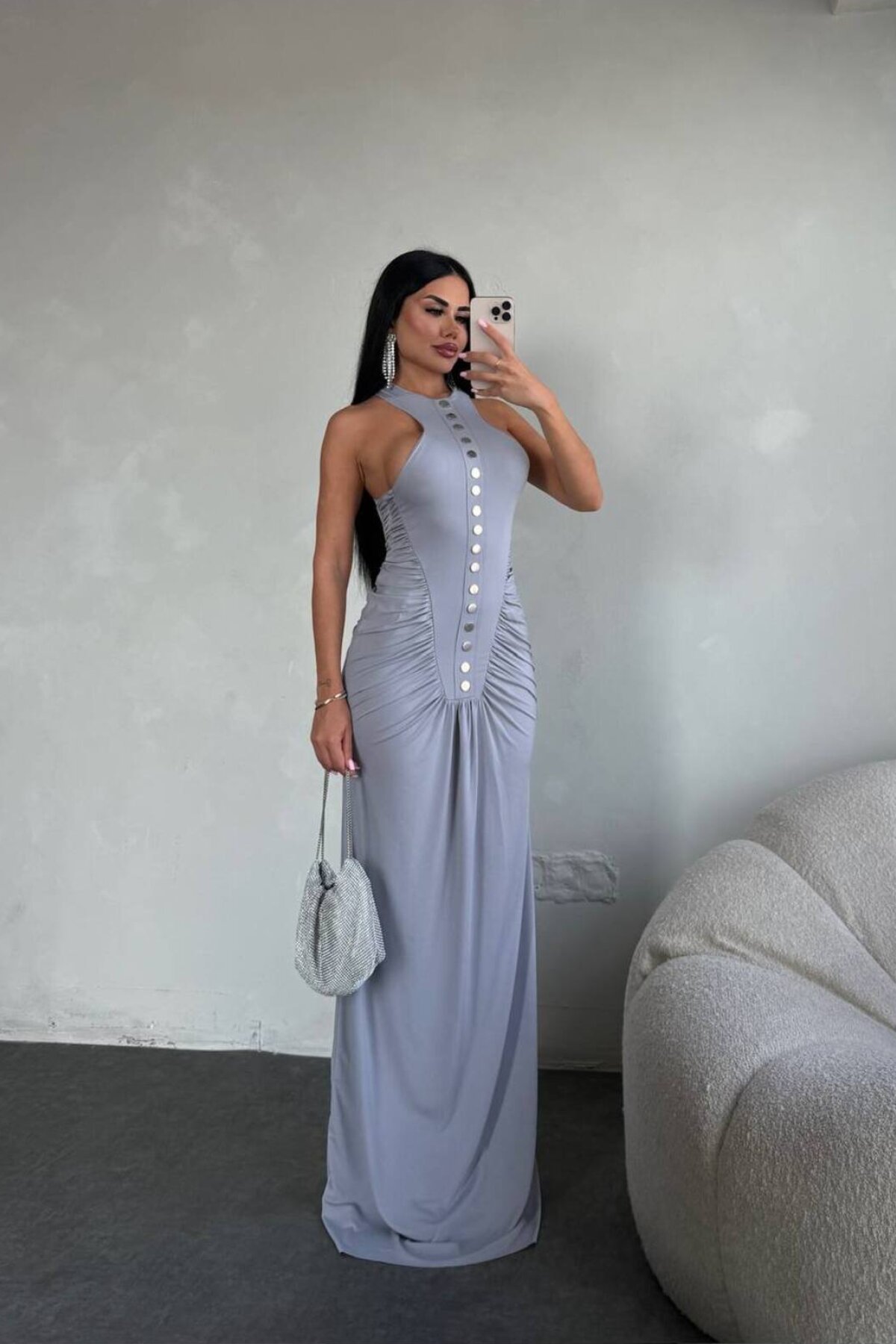 Gri Uzun Gümüş Düğme Detaylı Abiye Elbise - limited black