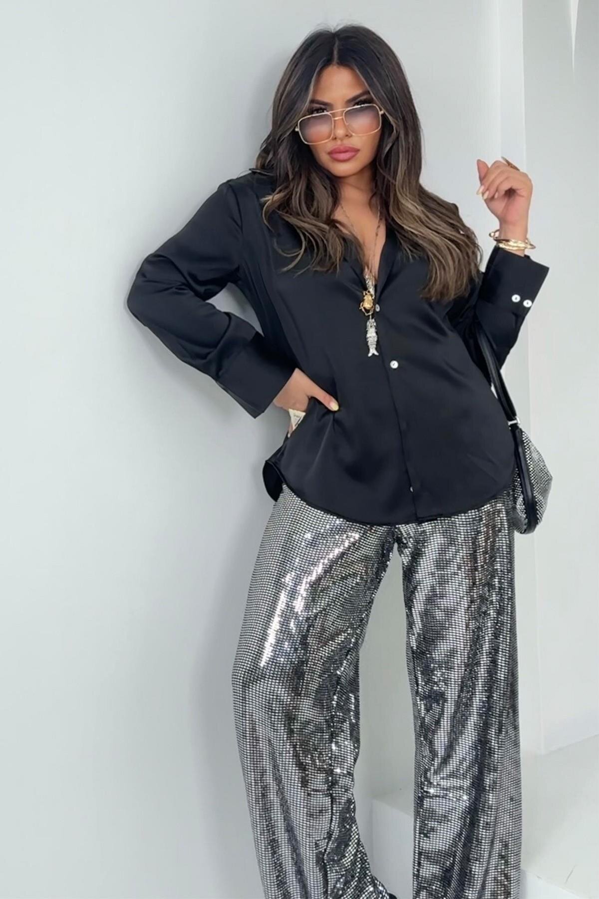 Gümüş Siyah Ayna Efekt Pantolon - Sohotique By P