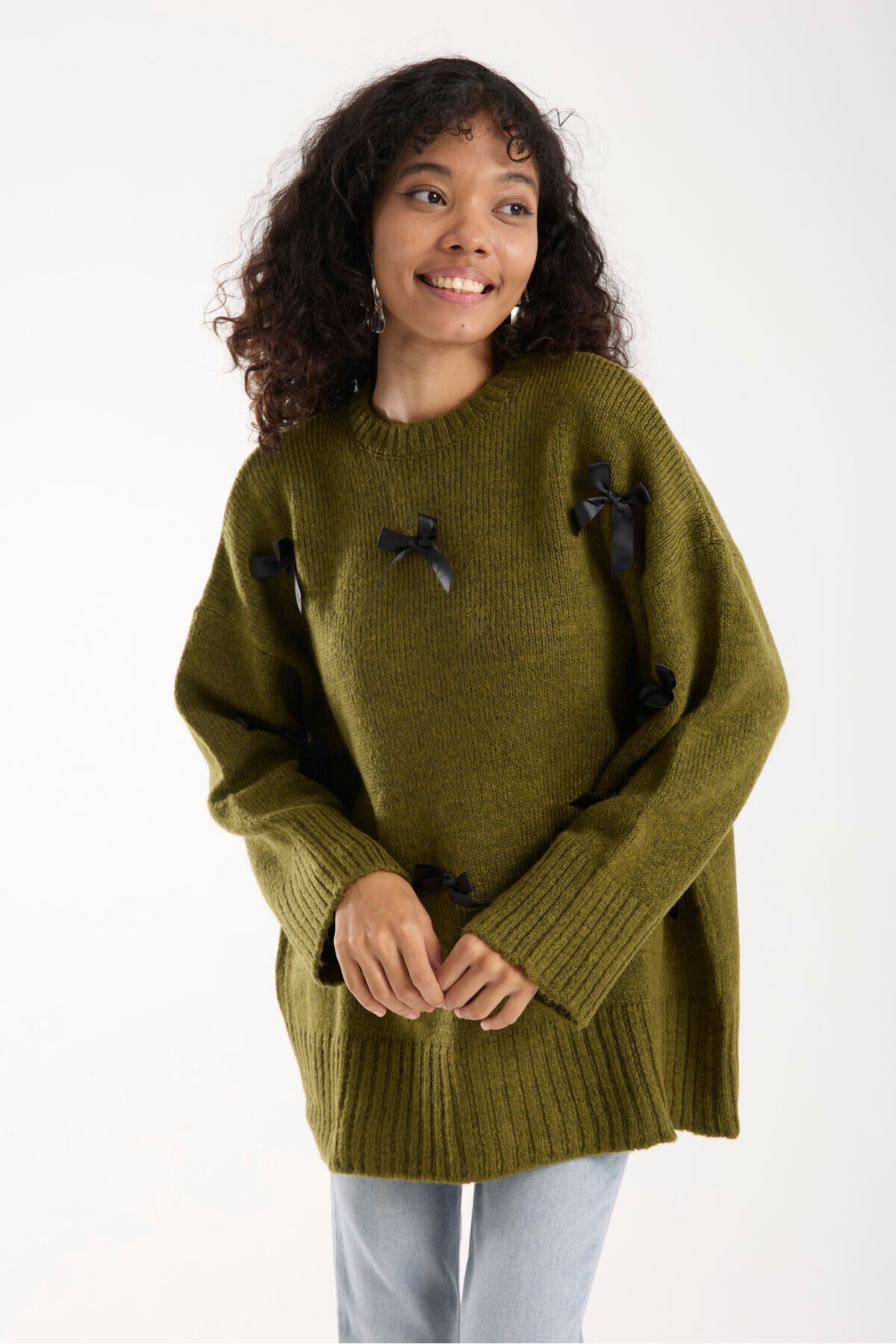 Haki Fiyonk Kurdela Detay Oversize Uzun Kazak - İLKCET MODA