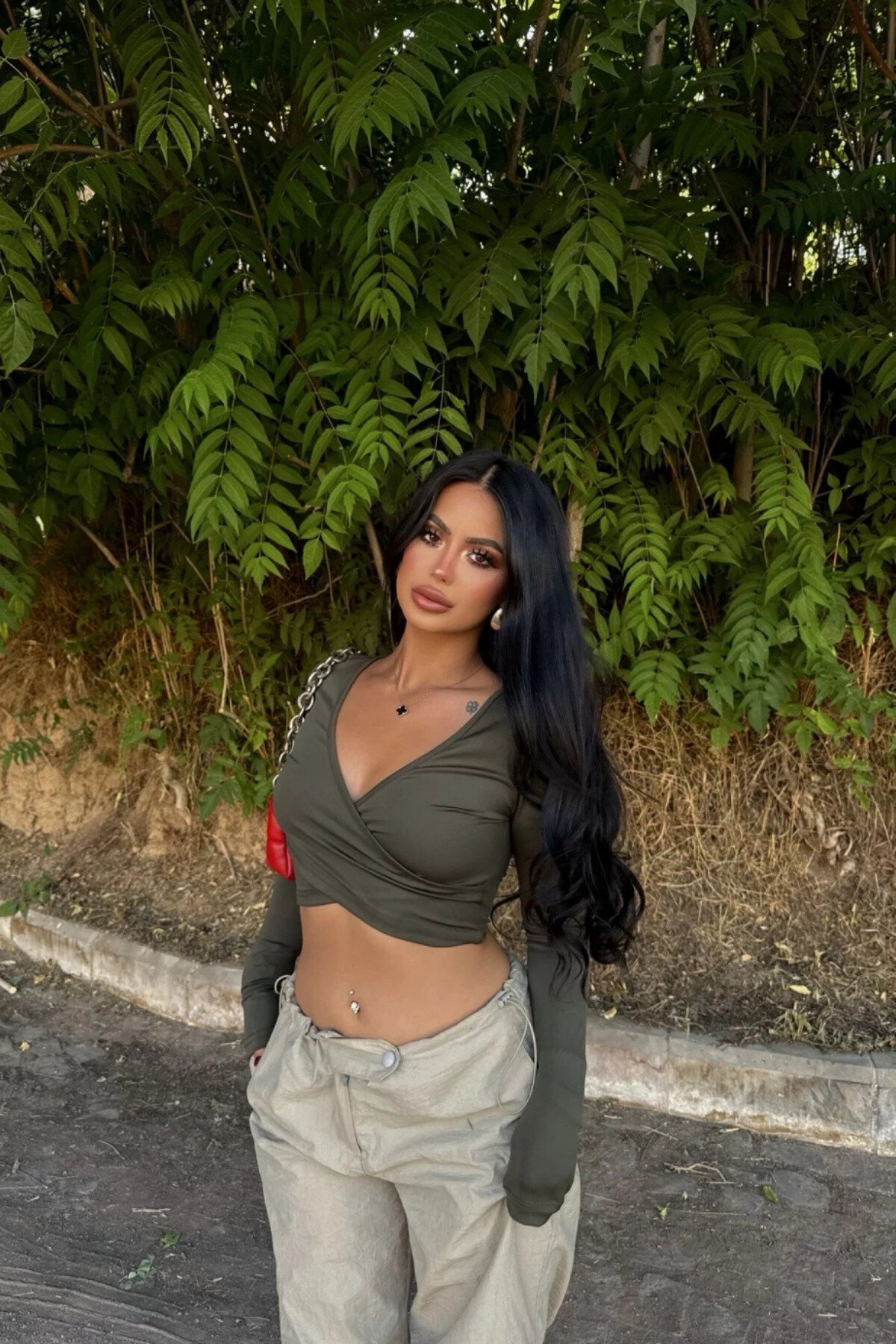Khaki Crossover Neck Scuba Crop Blouse - MOZENA