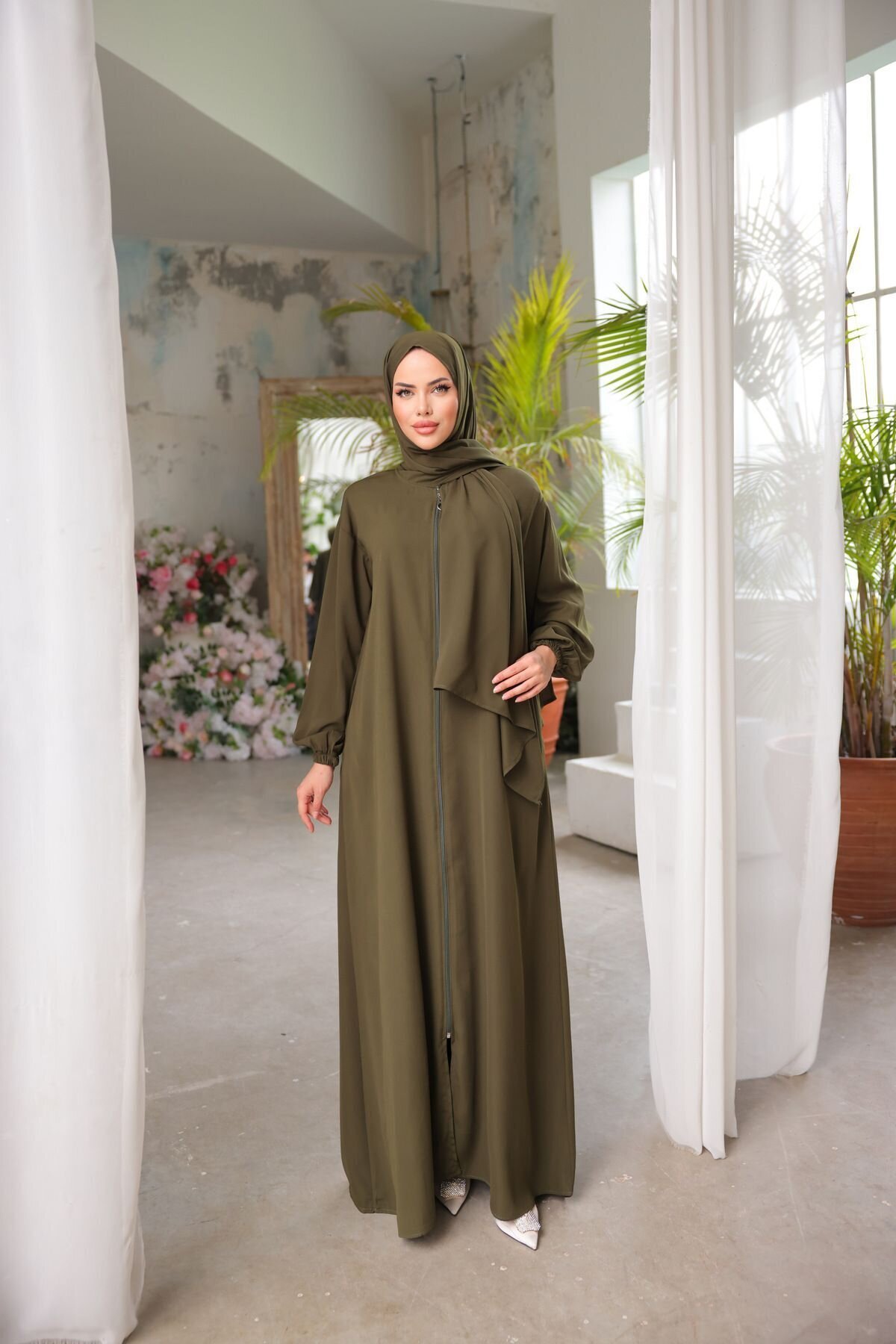 Khaki Medina Silk Prayer Dress with Shawl - Nissra