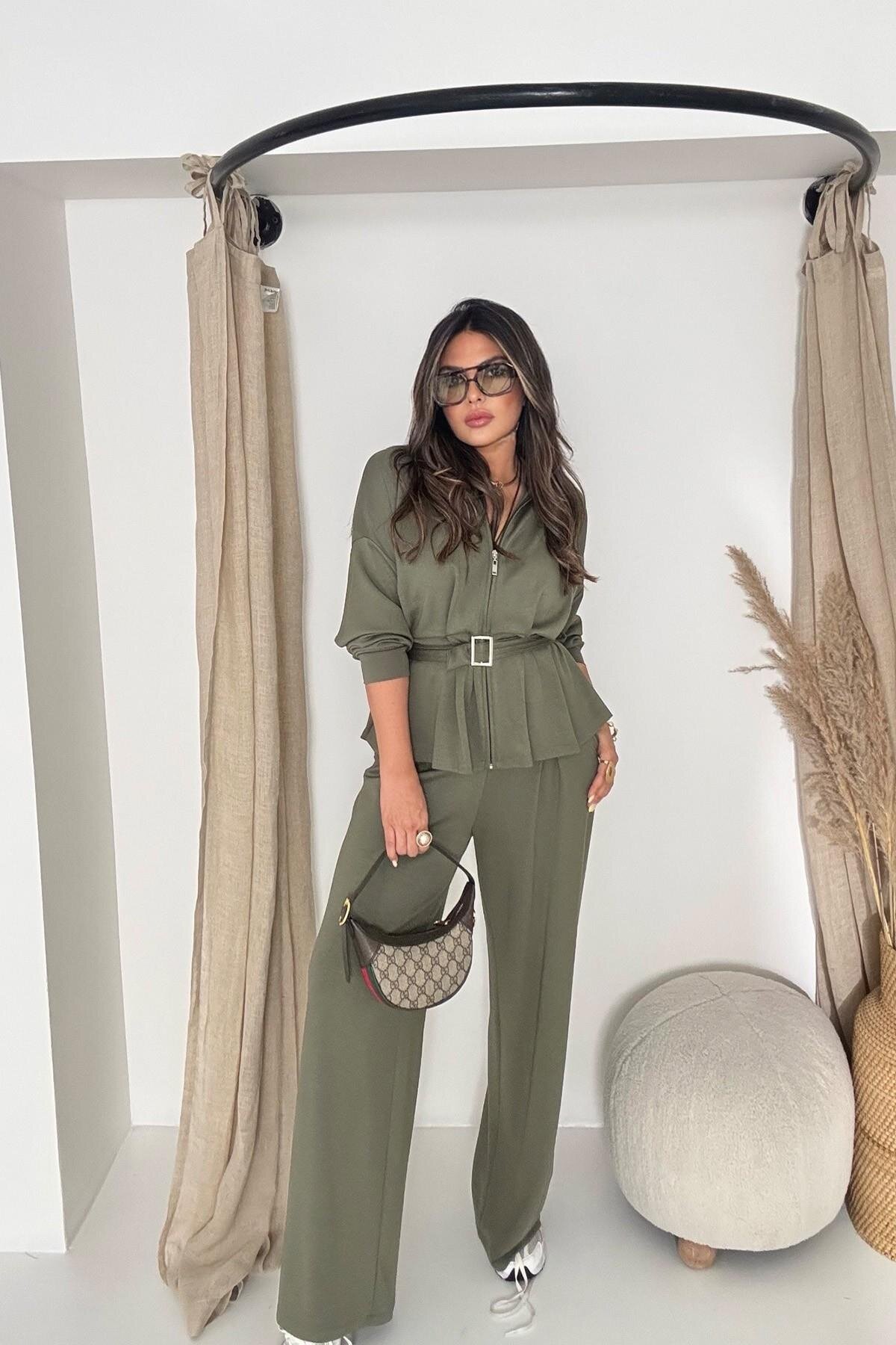 Khaki Modal Fabric Belted Two-Piece Set - Sohotique By P