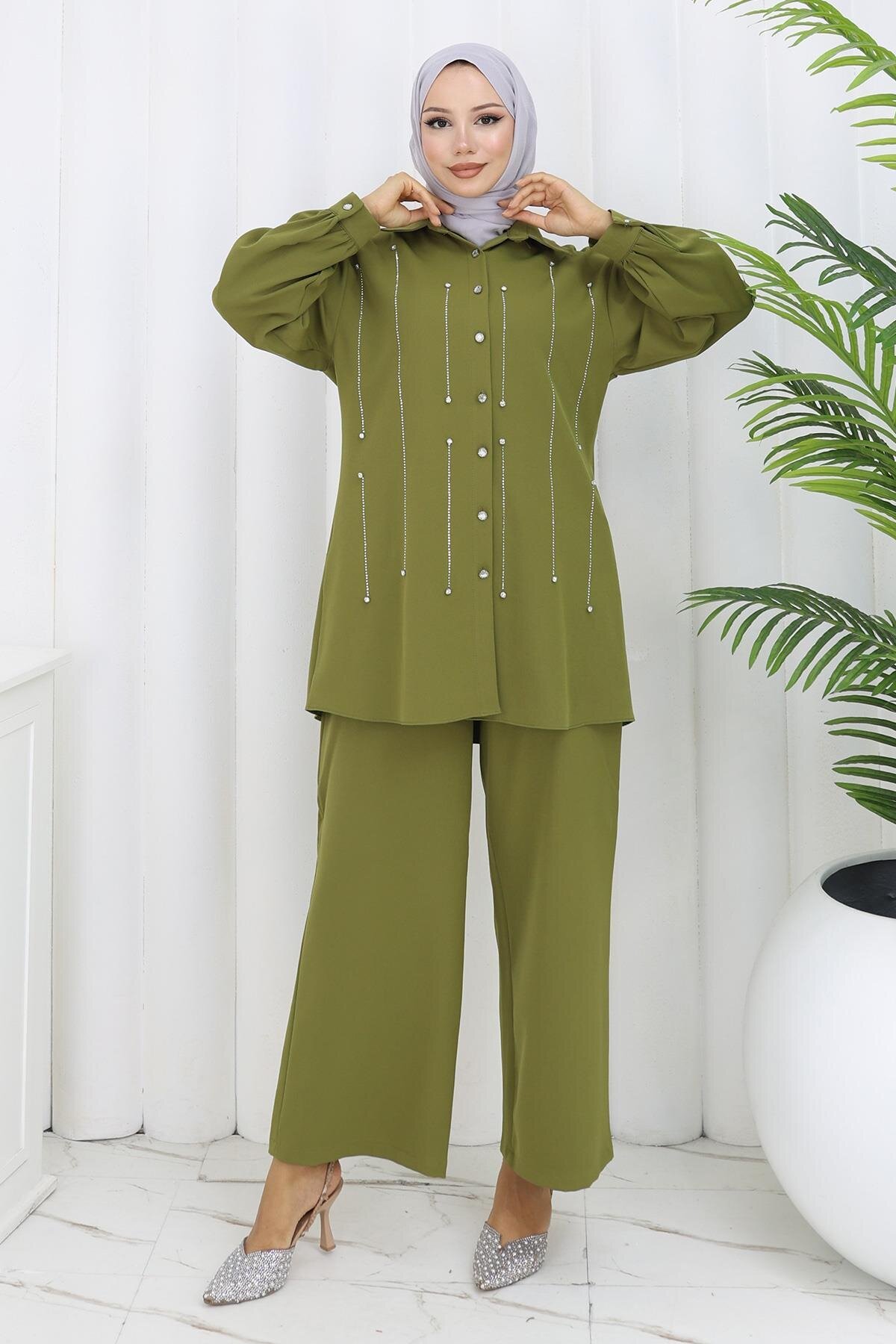 Khaki Stone Detailed Two-Piece Modest Set - Modamihram