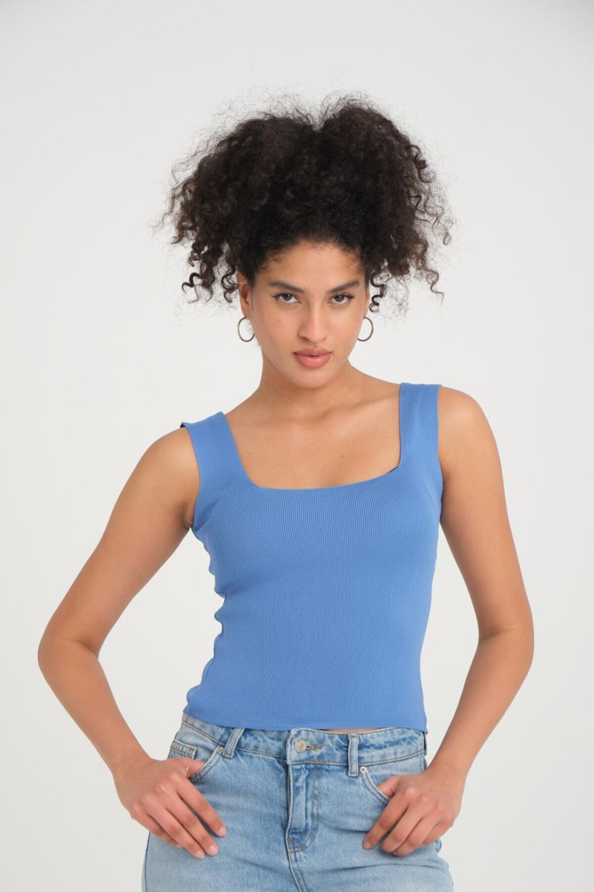 İndigo Kare Yaka Crop Triko - İLKCET MODA