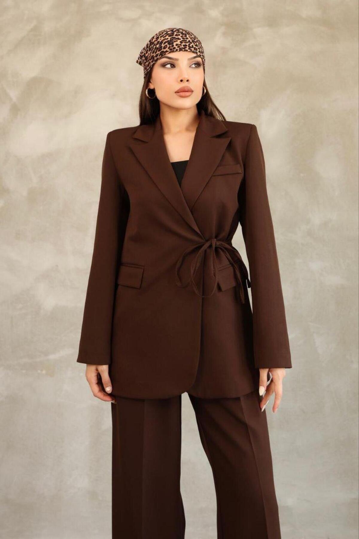 Kahve Blazer Yandan Bağlamalı Şık Ve Rahat Ceket - RAWEA FASHİON