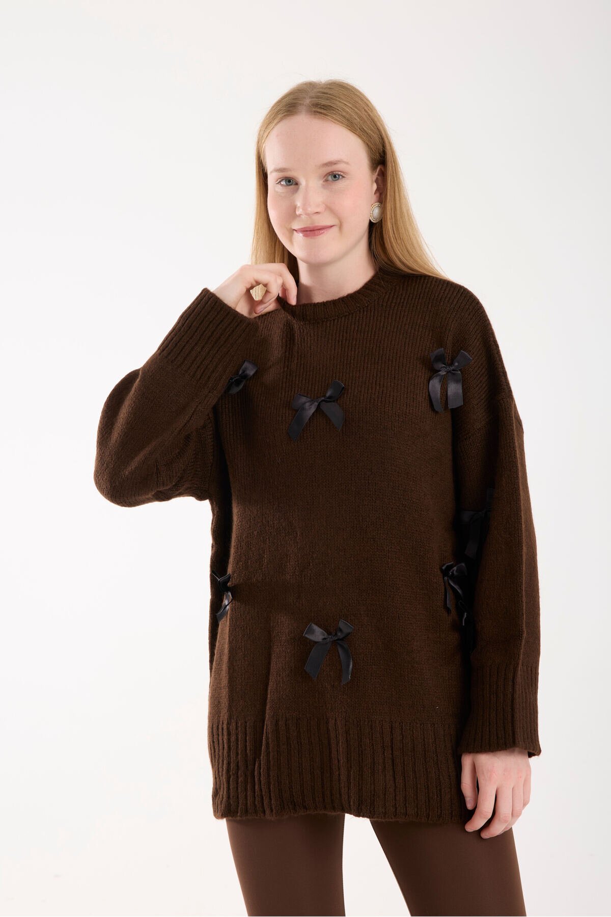 Kahve Fiyonk Kurdela Detay Oversize Uzun Kazak - İLKCET MODA