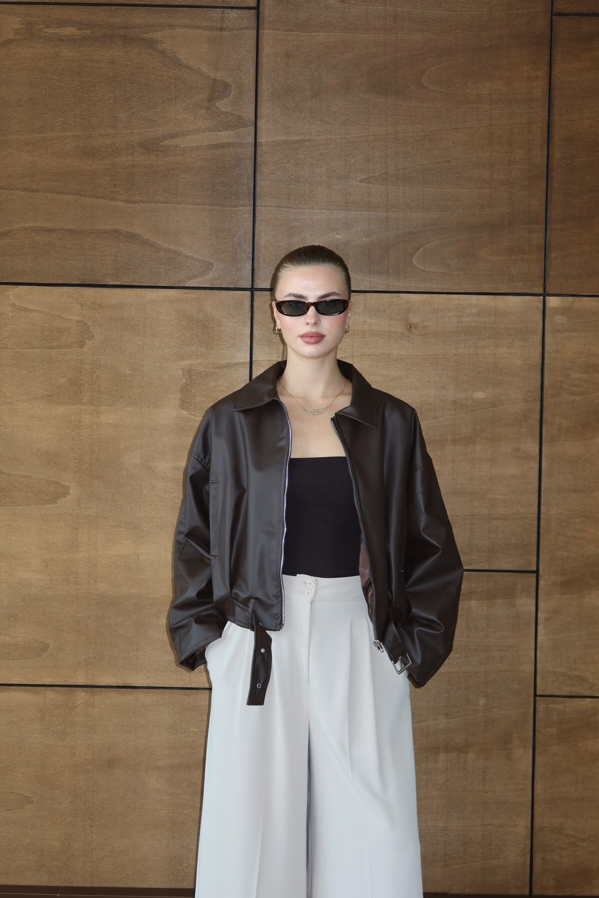 Coffee Belt Detailed Leather Jacket - LOISY