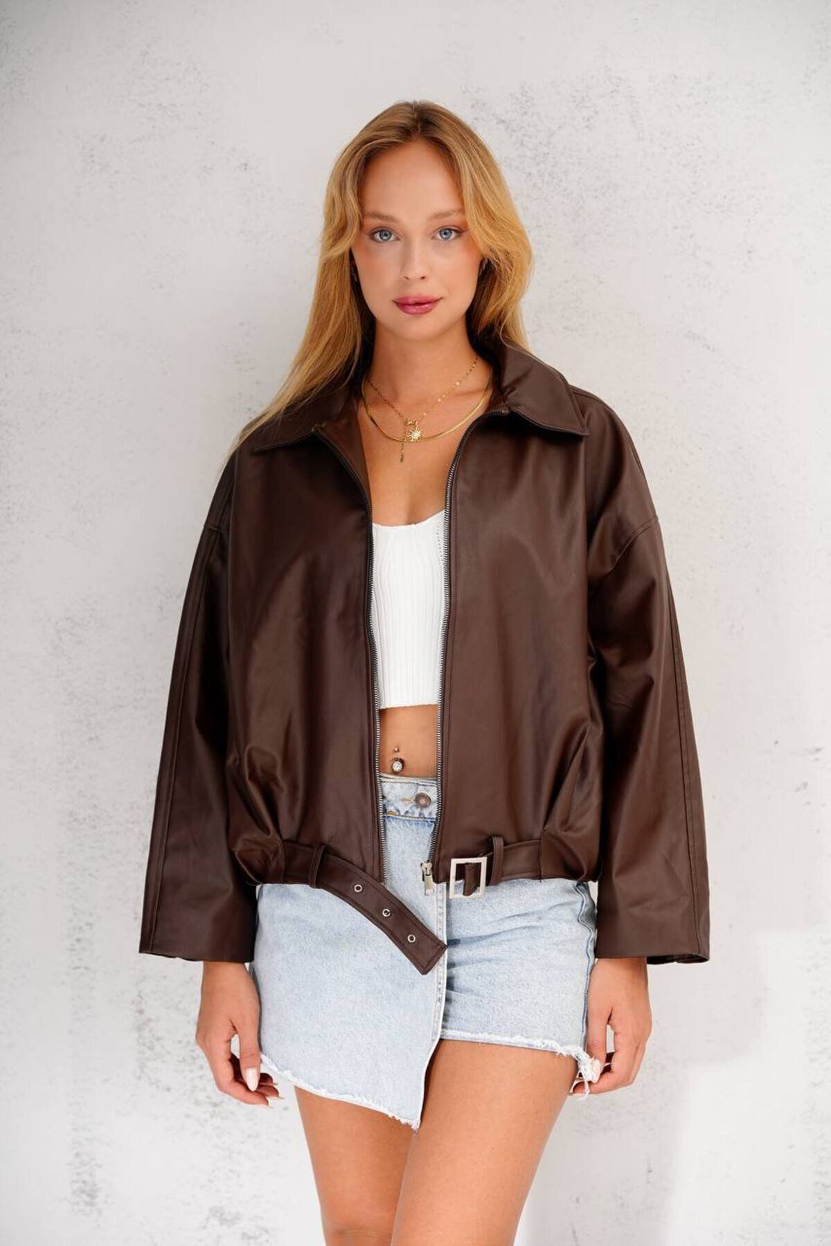 Kahve Oversize Kemerli Acı Bomber Ceket - İLKCET MODA