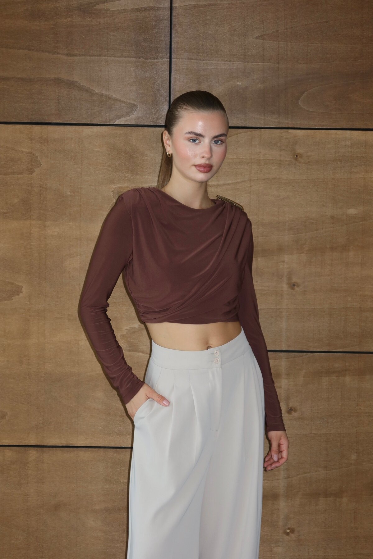 Premium Coffee Buckled Crop Blouse - LOISY
