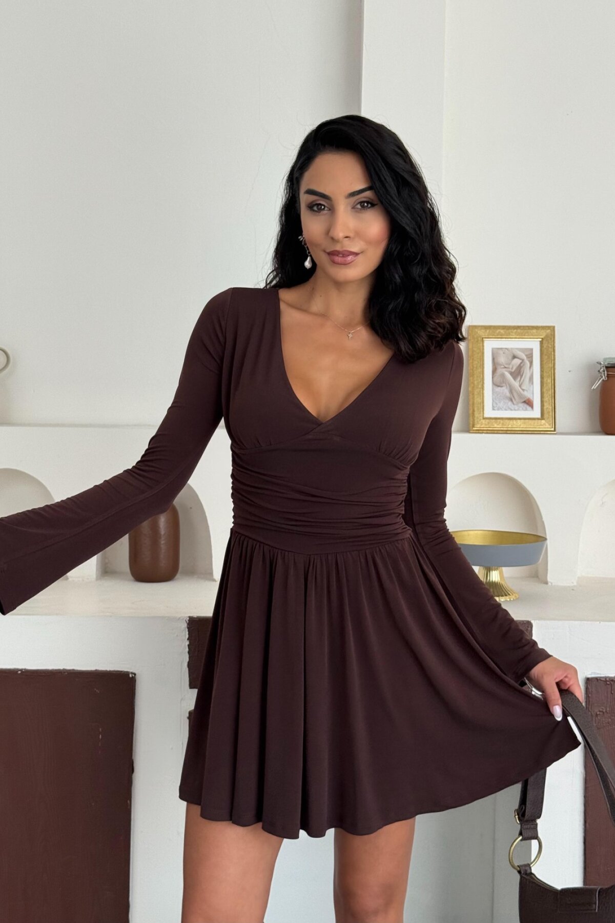 Kahverengi Mini Şortlu Sandy Kumaş Elbise - Rabi Shine