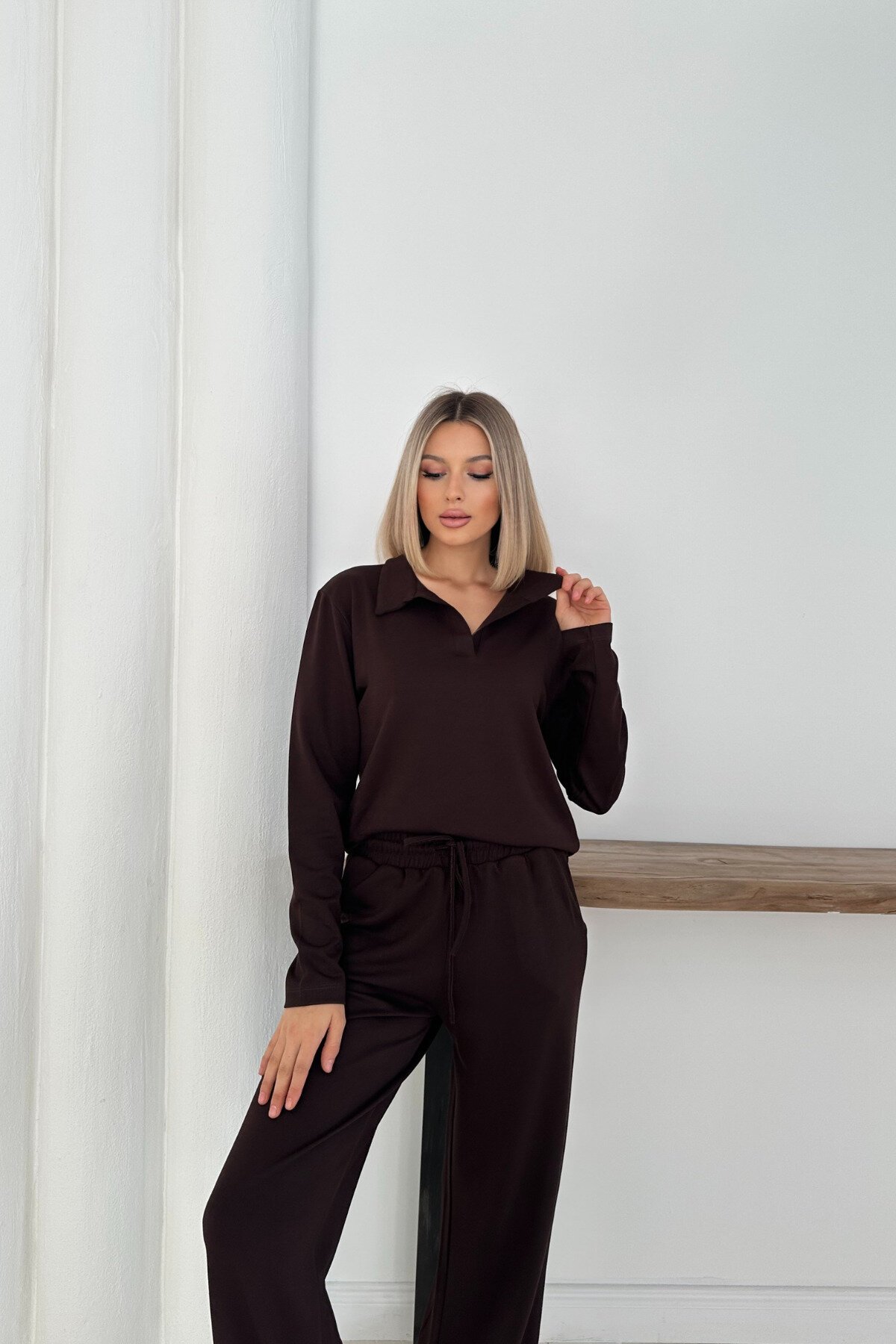 Kahverengi Polo Yaka Modal Kumaş Basic İkili Takım - MOZENA