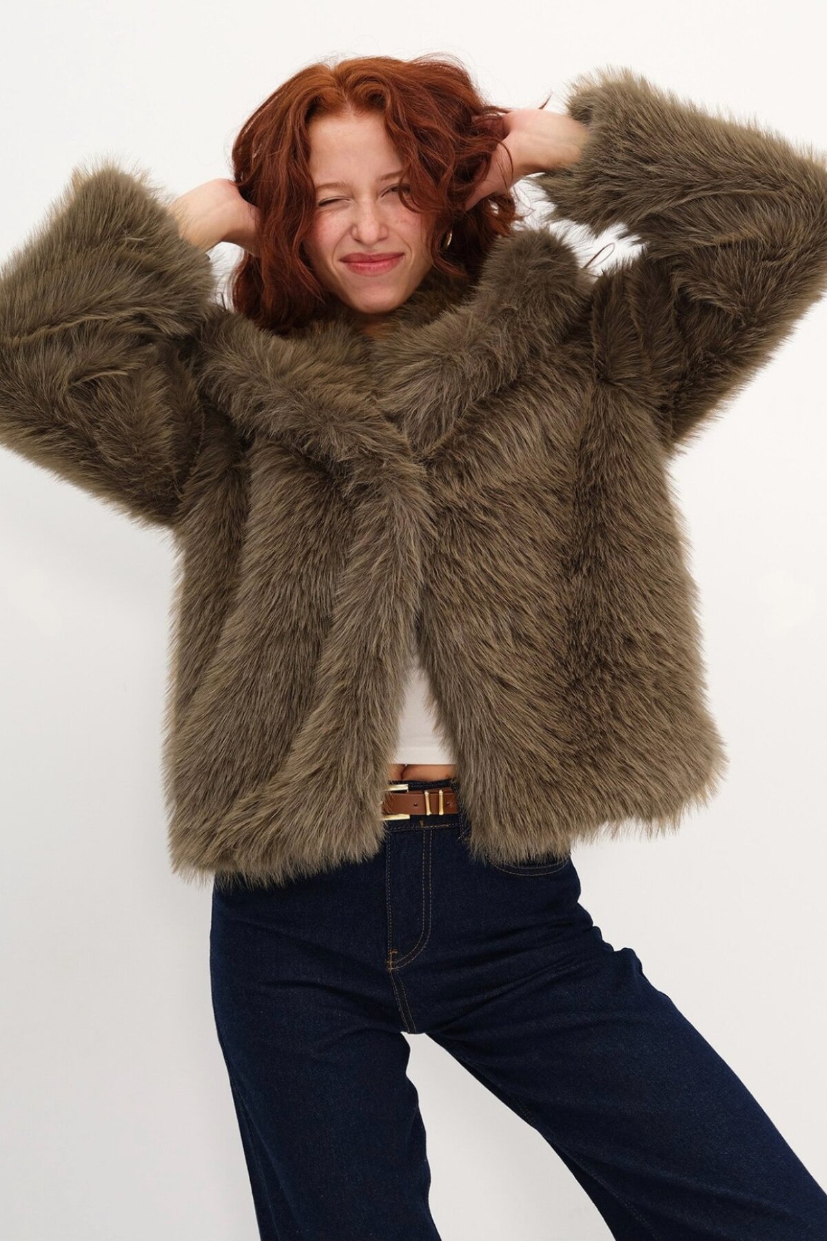 Brown Shawl Collar Faux Fur Coat - Rabi Shine